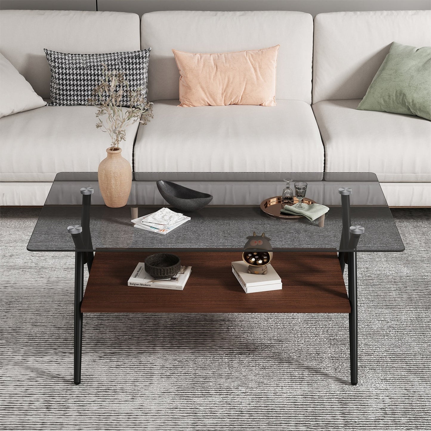 Alvantor Glass Coffee Table, 38.6" Modern Coffee Table with Tempered Glass Top and Metal Legs for Living Room Brown