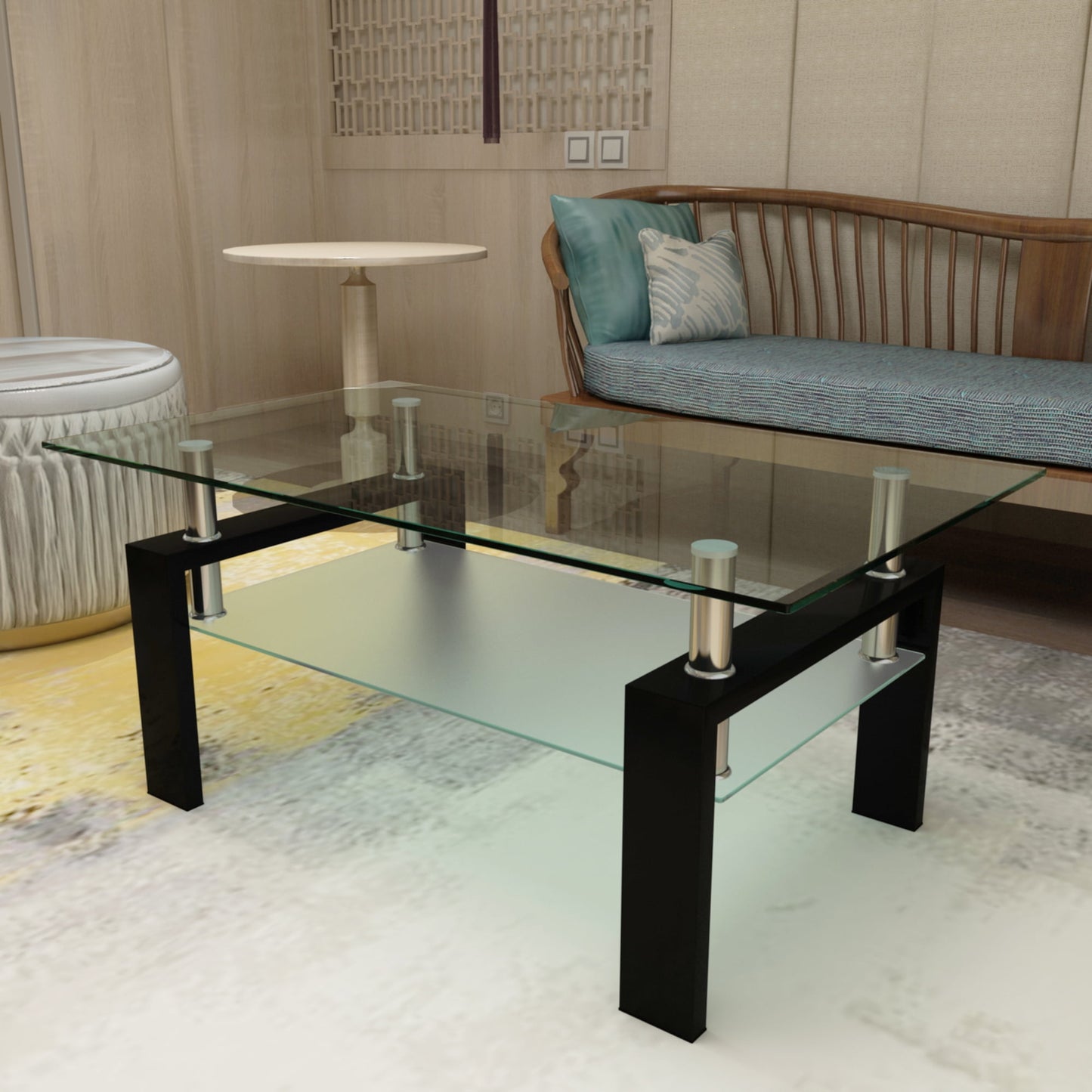 Alvantor Modern Glass Coffee Table with Tempered Glass Top, Black