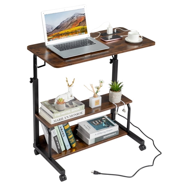 Alvantor Rolling Desk Adjustable Computer Desk with USB Ports and Outlets Brown