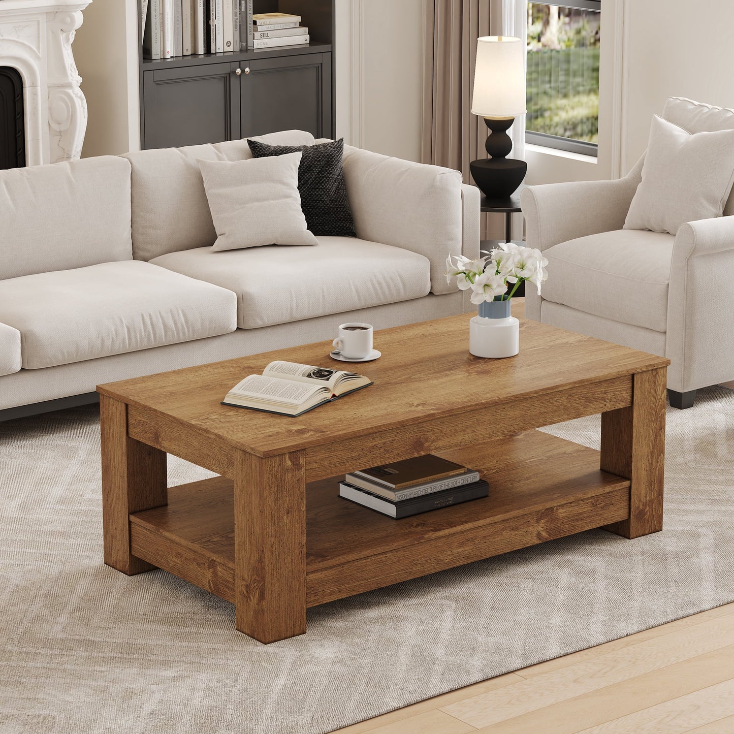 Alvantor Natural Wood Coffee Table with Double Layer MDF, Industrial Design, 43.3 x 23.6in