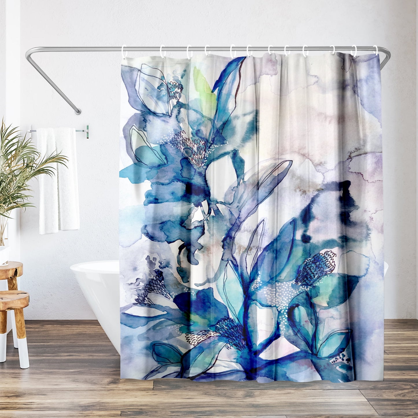 Americanflat 71" x 74" Shower Curtain, Aqua Floral by Hope Bainbridge