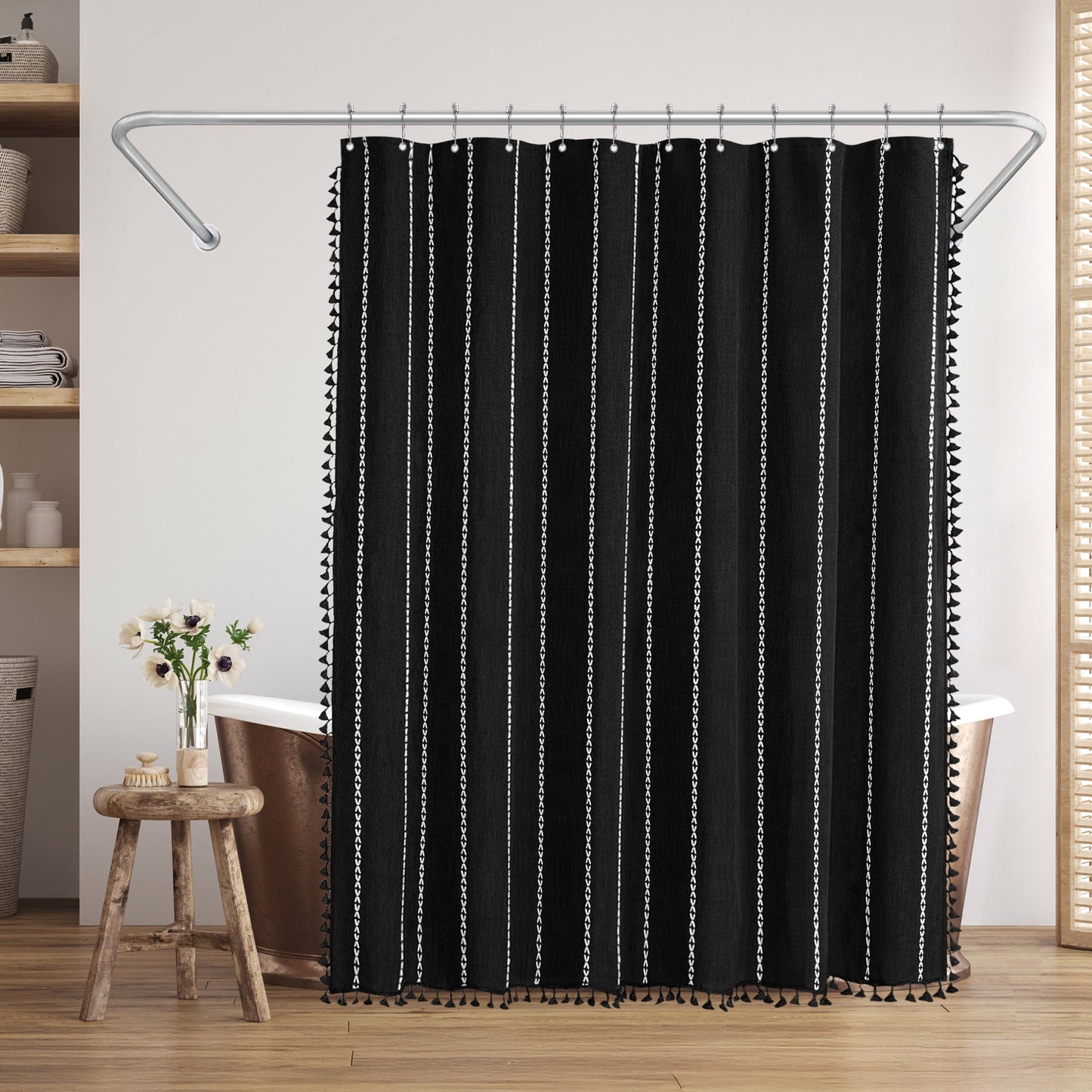 Americanflat 71x71 Woven Linen Black Shower Curtain with Tassel Accents - Includes 12 Grommets and Hooks - 100% Polyester