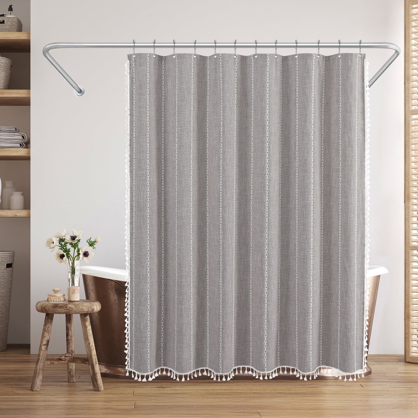 Americanflat 71x71 Woven Linen Gray Shower Curtain with Tassel Accents - Includes 12 Grommets and Hooks - 100% Polyester
