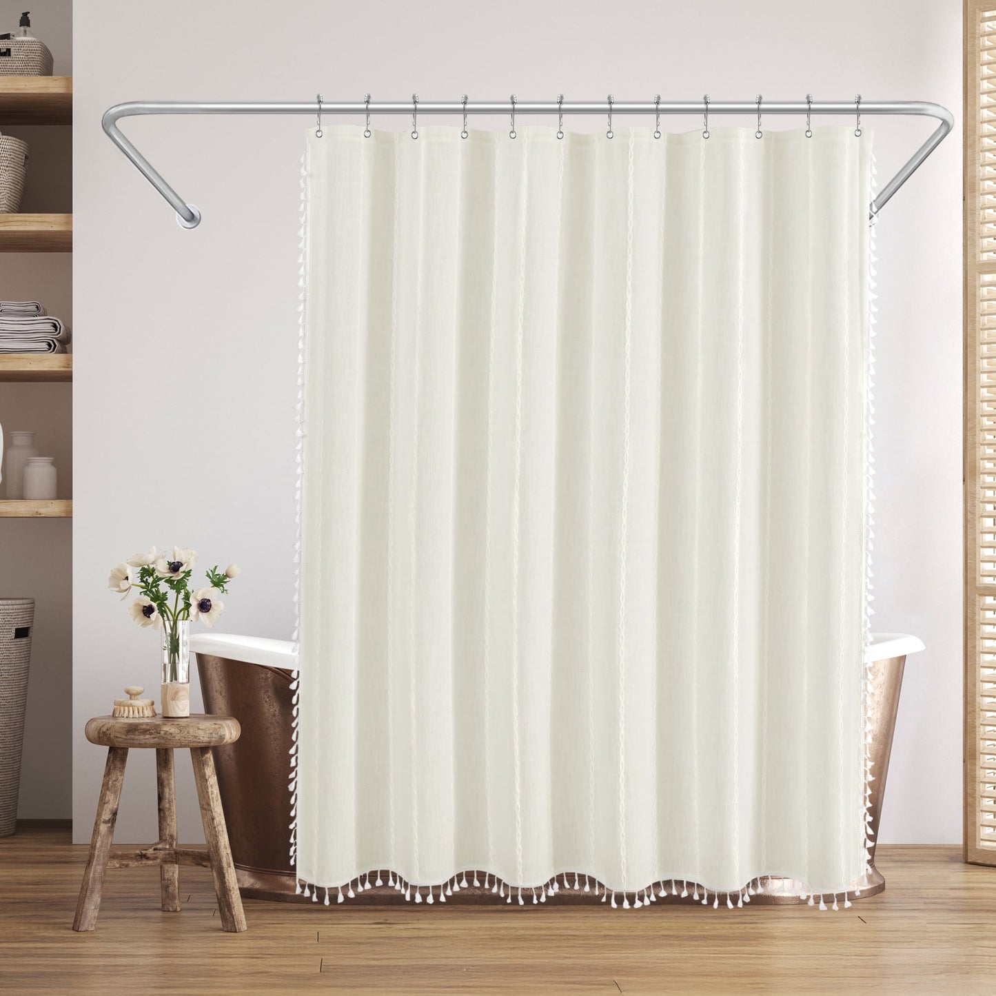 Americanflat 71x71 Woven Linen Ivory Shower Curtain with Tassel Accents - Includes 12 Grommets and Hooks - 100% Polyester