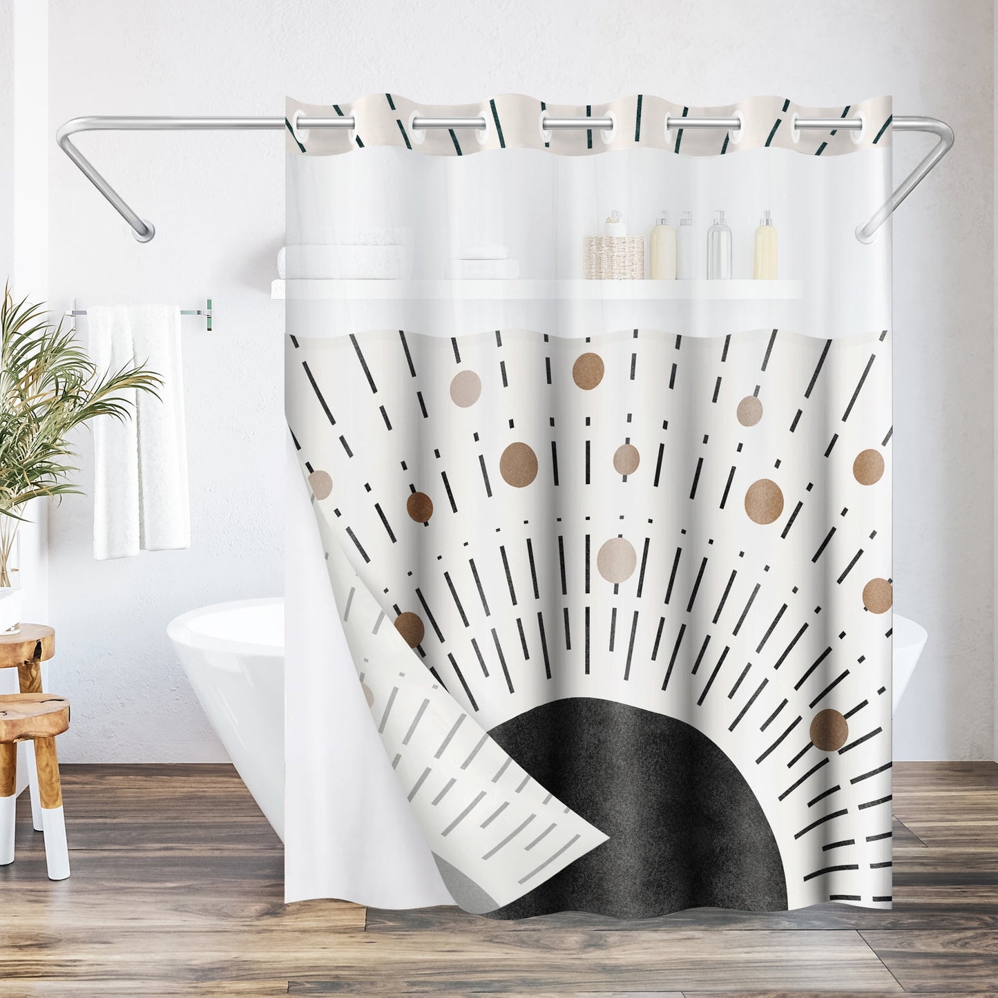 Americanflat 72x75 Hookless Shower Curtain - Abstract Black Bronze Shower Curtain with Sheer Panel, Snap-In Liner, and Grommets - 100% Polyester