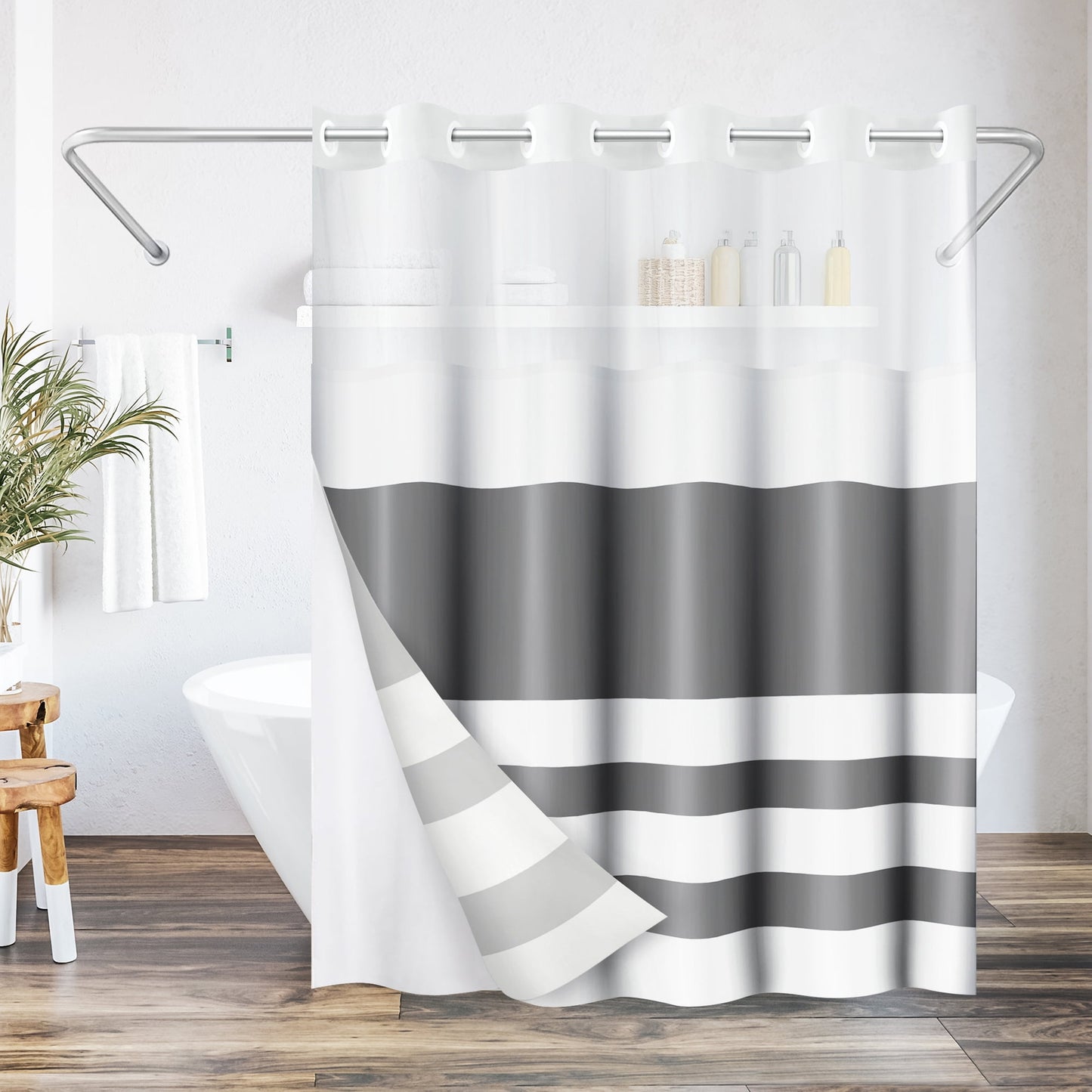 Americanflat 72x75 Hookless Shower Curtain - Abstract Grey White Shower Curtain with Sheer Panel, Snap-In Liner, and Grommets - 100% Polyester