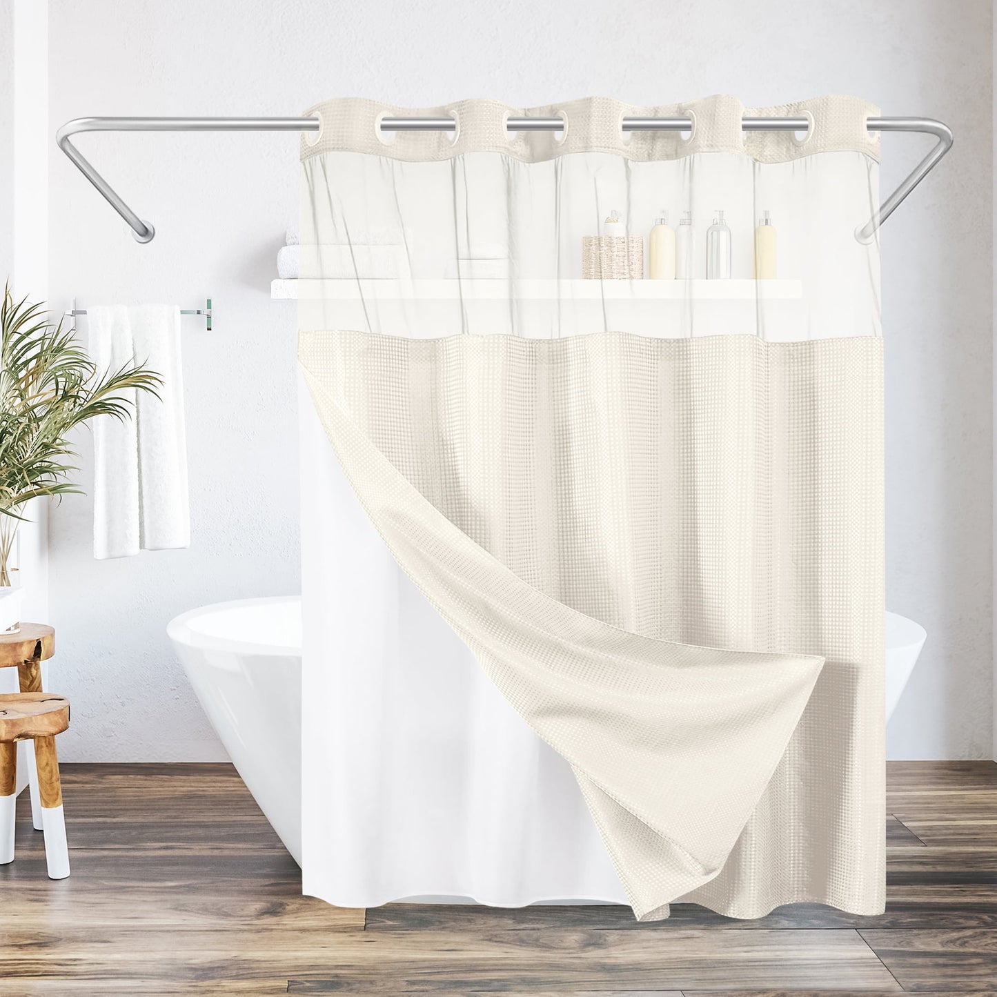 Americanflat 72x75 Ivory Hookless Waffle Pattern Shower Curtain - Water-Resistant Long Shower Curtain with Sheer Panel, Snap-In Liner, and Grommets