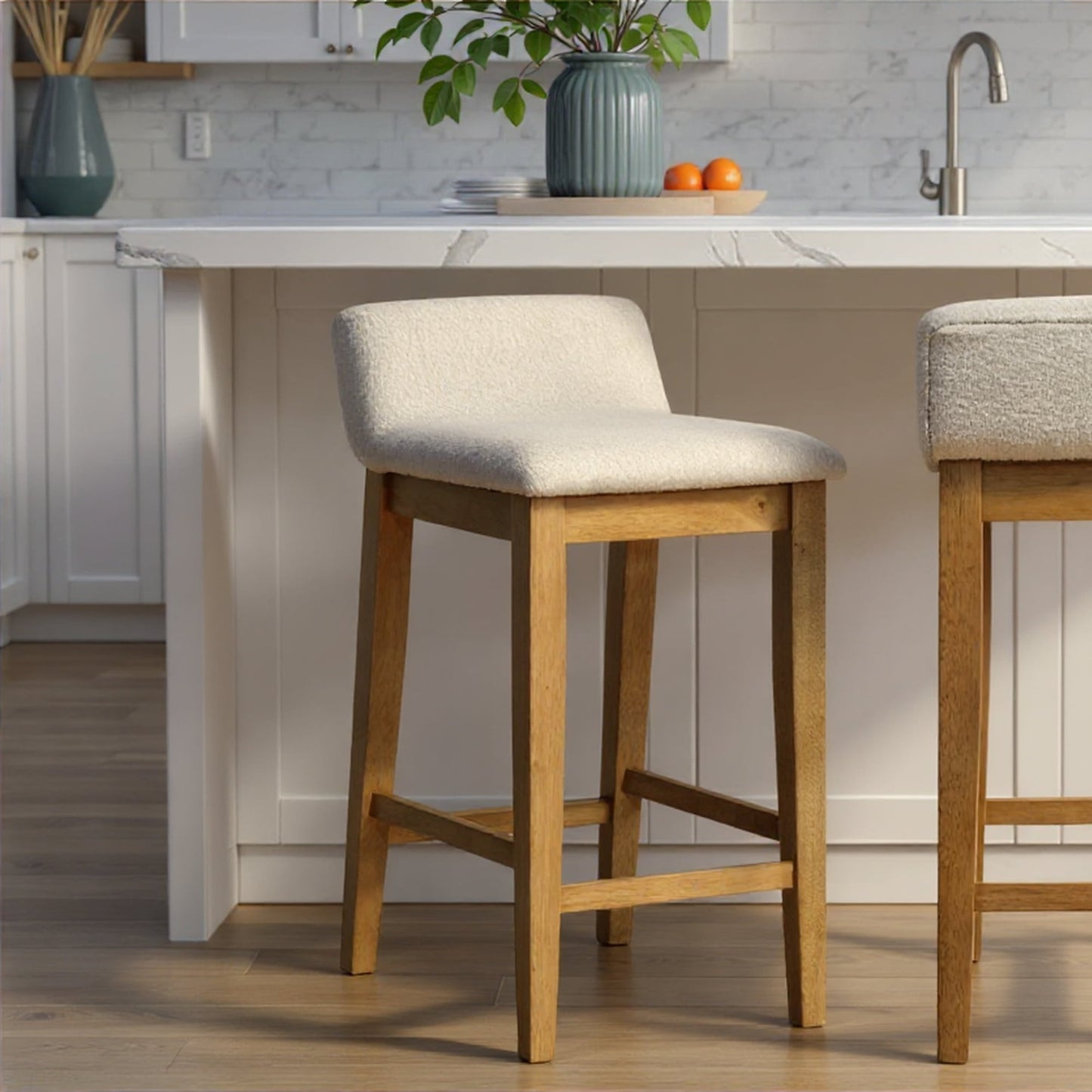 Annikah Modern Transitional Wood Counter Height Kitchen Bar Stool in Amber Glow Finish with White Boucle Fabric Upholstered Seat