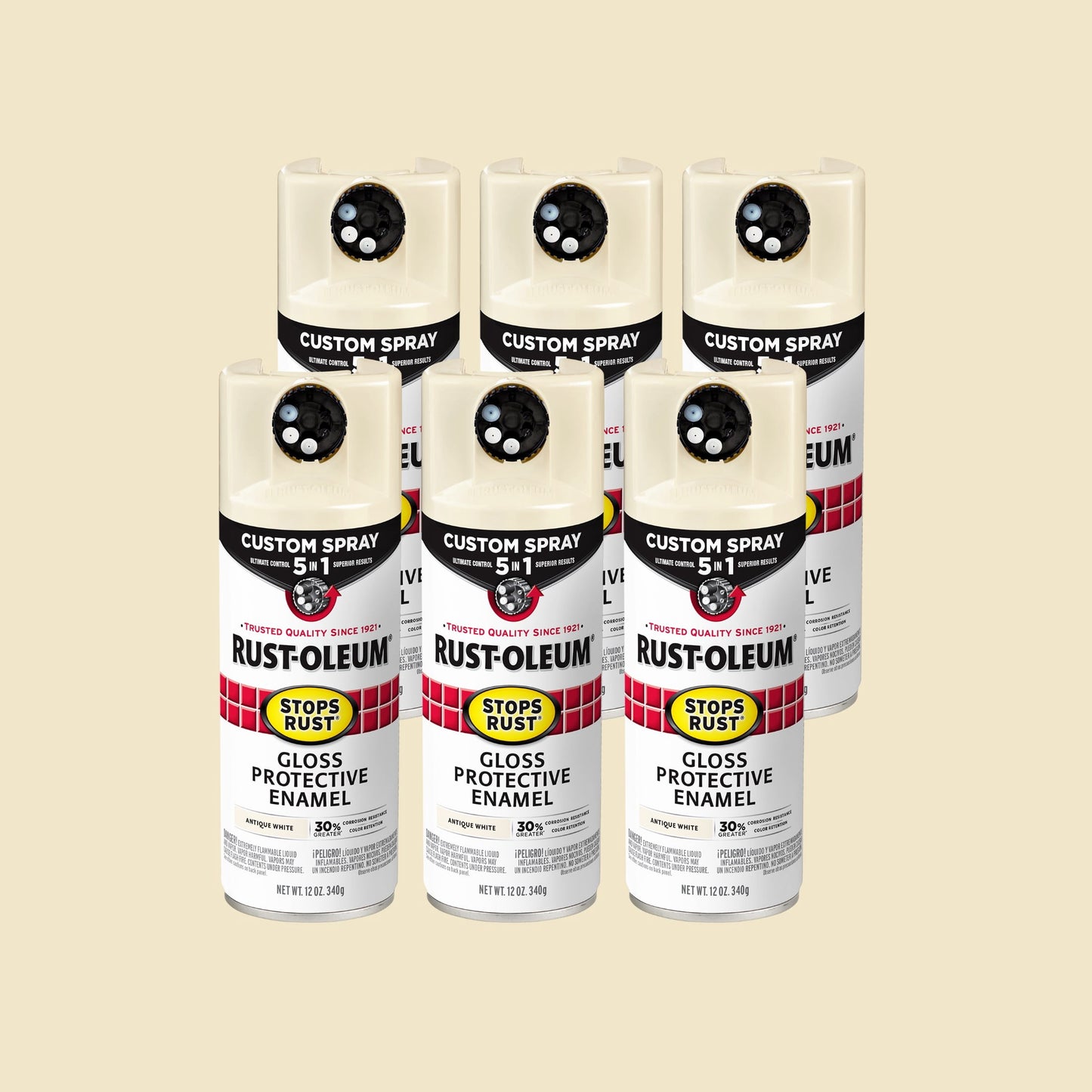 Paquete de 6, Blanco Antiguo, Rust-Oleum Detiene el Óxido Aerosol Personalizado 5 en 1 Pintura en Aerosol Brillante-376887, 12 oz