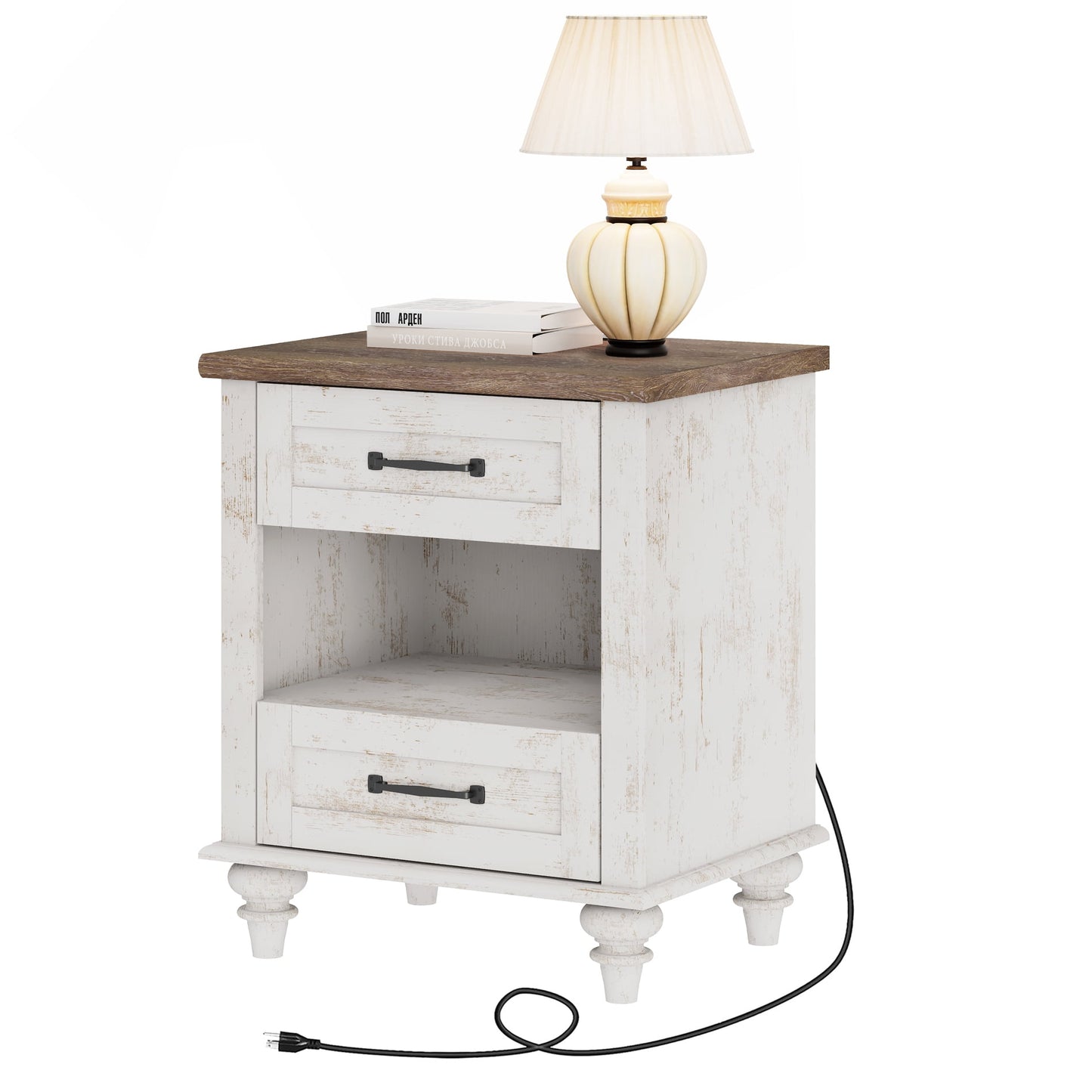 Mesa Auxiliar Blanca Antigua con 2 Cajones y Repisa Abierta, Mesa Final Rústica con Estación de Carga, Mesa de Noche de Madera para Dormitorio, Sala de Estar