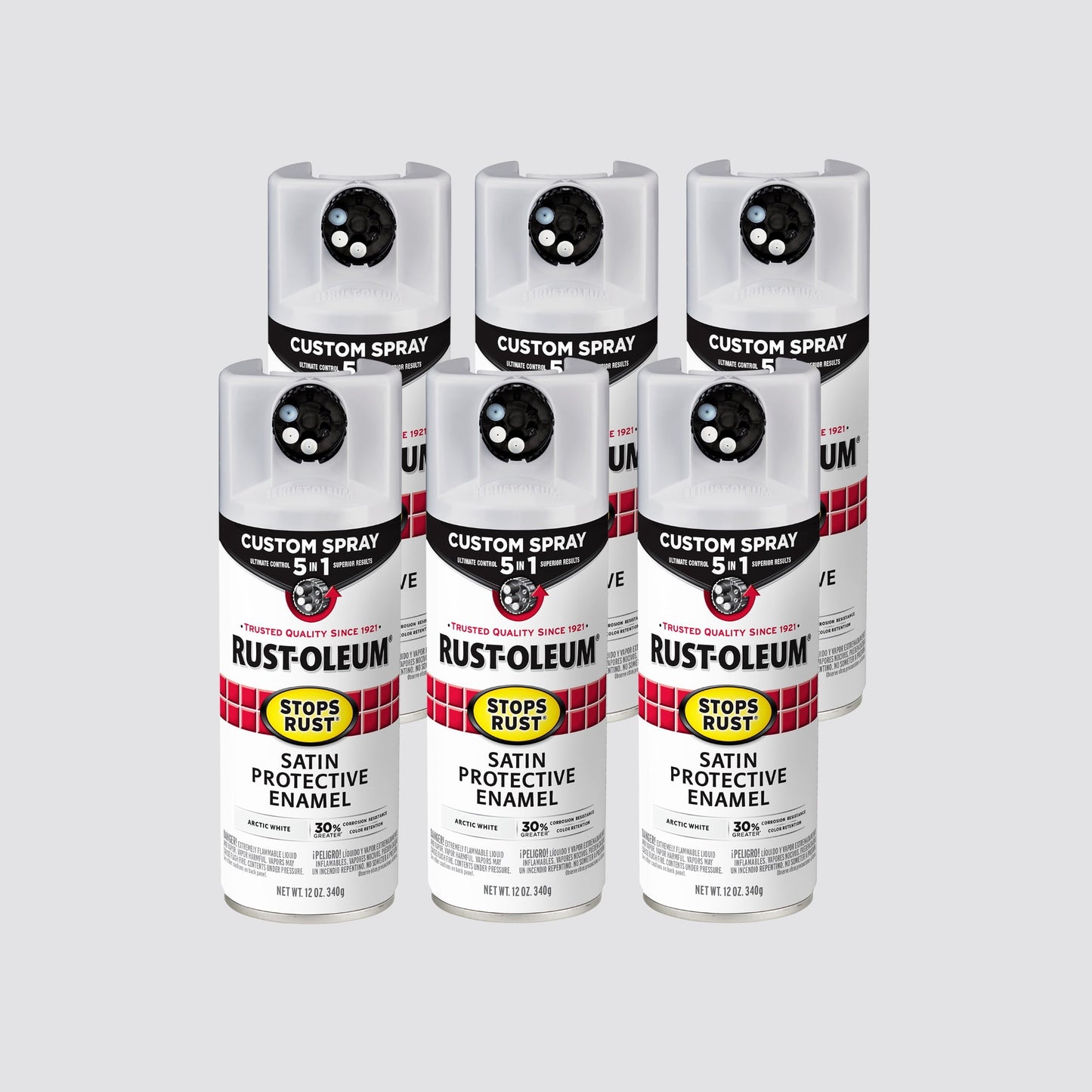6 Pack, Arctic White, Rust-Oleum Stops Rust Custom Spray 5 in 1 Satin Spray Paint-383424, 12 oz