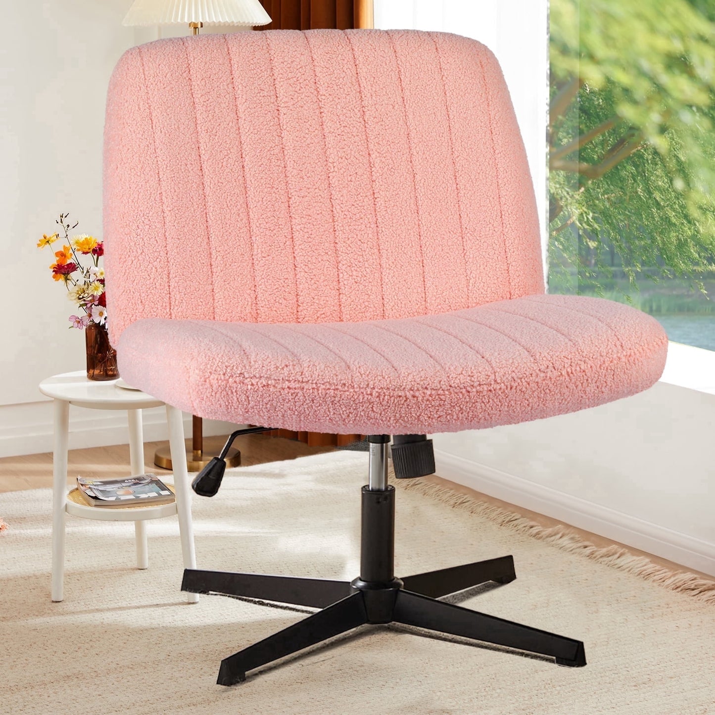 Armless Criss Cross Legged Office Chair, Desk Chair No Wheels, Teddy Fabric, Pink