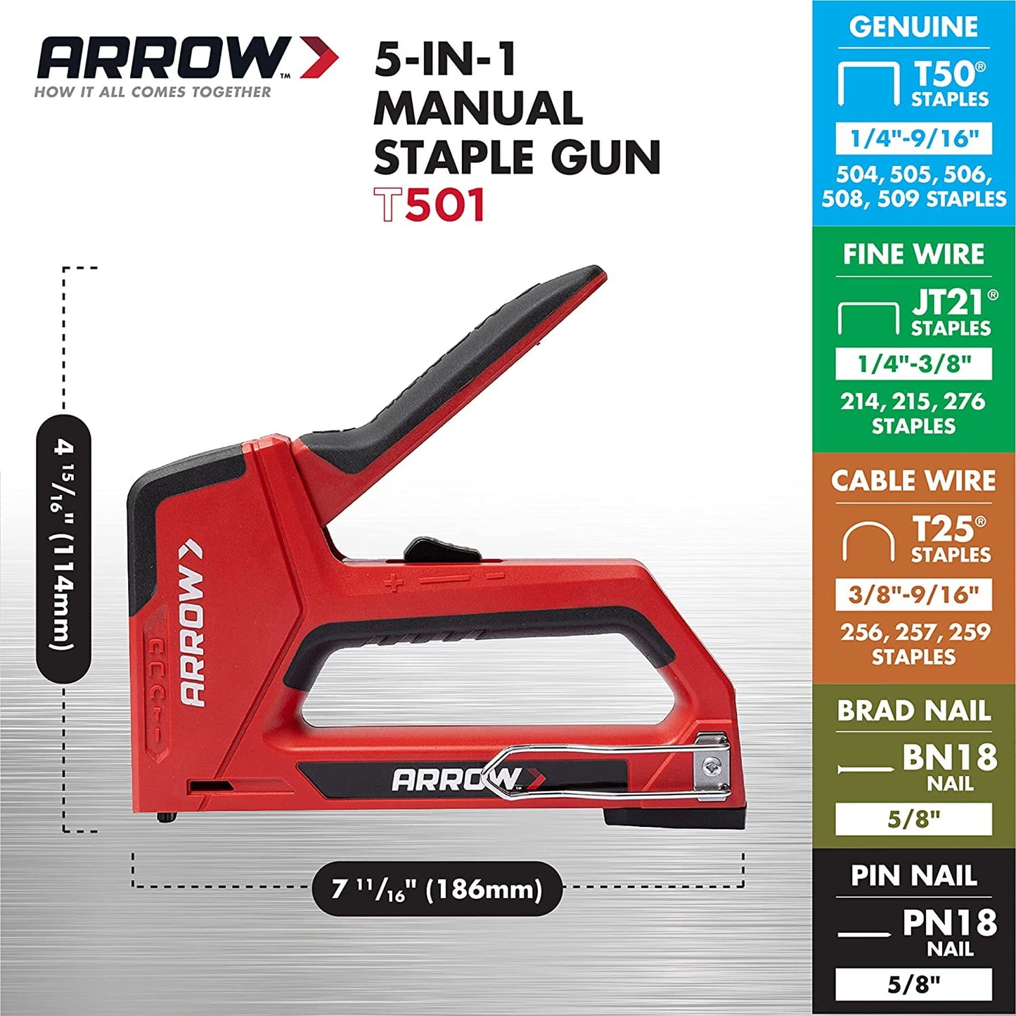 Arrow T501 5-in-1 Manual Staple and Nail Gun for Carpeting, Wiring, and Woodwork