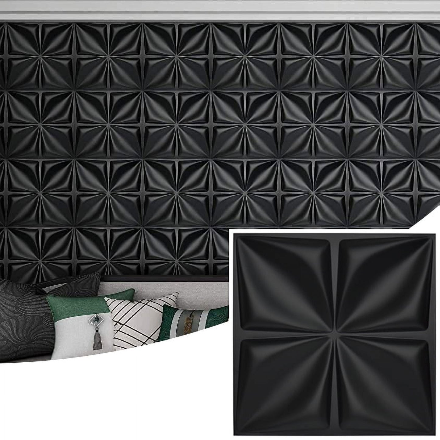 Art3d 12-Piece 19.7x19.7 inch Decorative 3D Wall Panels in Black, PVC Flower Design Cover 32 Sqft