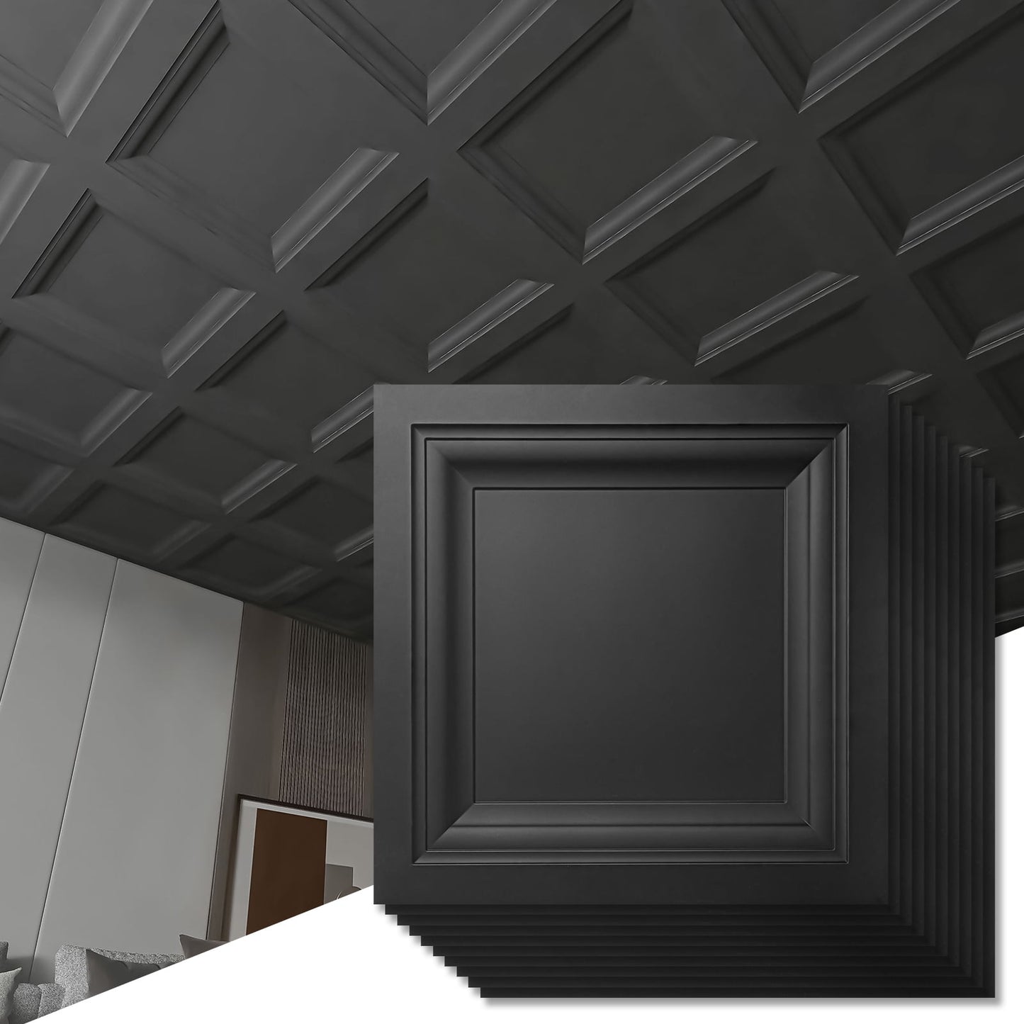 Art3d 2ft x 2ft Drop in Ceiling Tile,12-Pack Black PVC Ceiling Panel for Home Décor,48 Sqft
