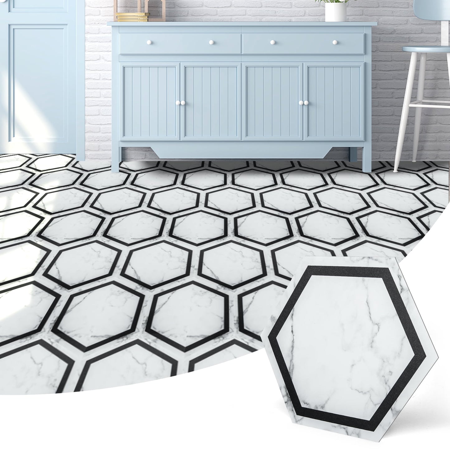 Art3d 30-Pack 11.8" x 10.2" White Marble Hexagon Peel and Stick Flooring Tile, Self Adhesive Waterproof Vinyl Floor Tile