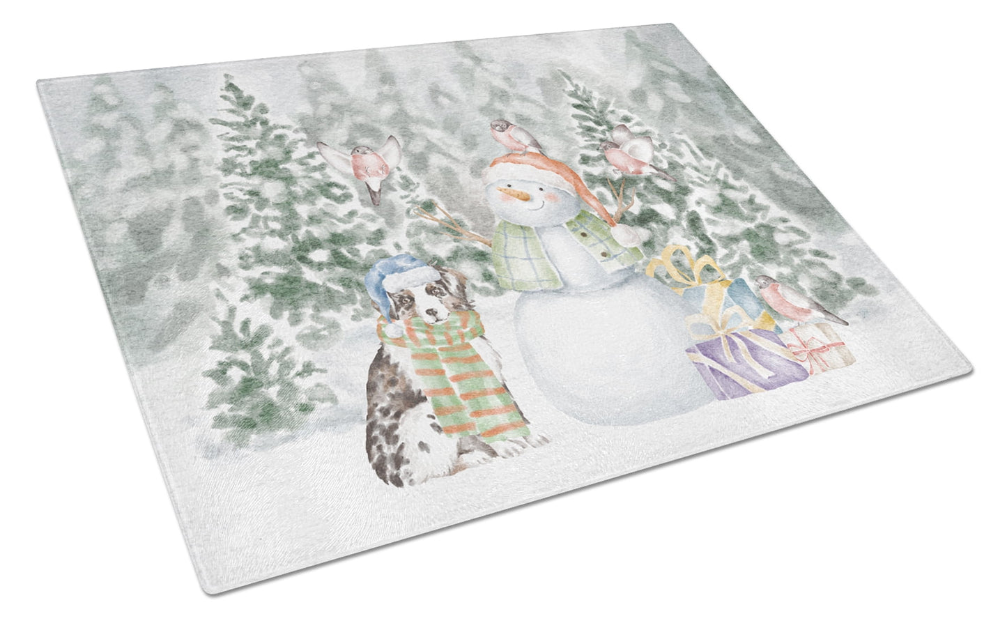 Atralian Shepherd Puppy Blue Merle and Tan with Christmas Presents Glass Cutting Board Large 12 in x 15 in