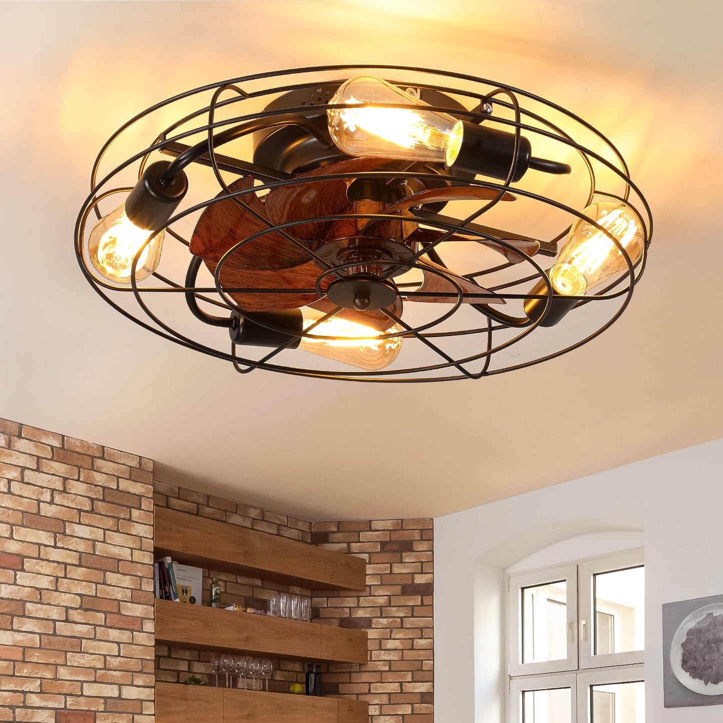 Aukfa Caged Ceiling Fans with Lights and Remote, 18.5" Low Profile Bladeless Caged Fan with 6 Speeds and Timing