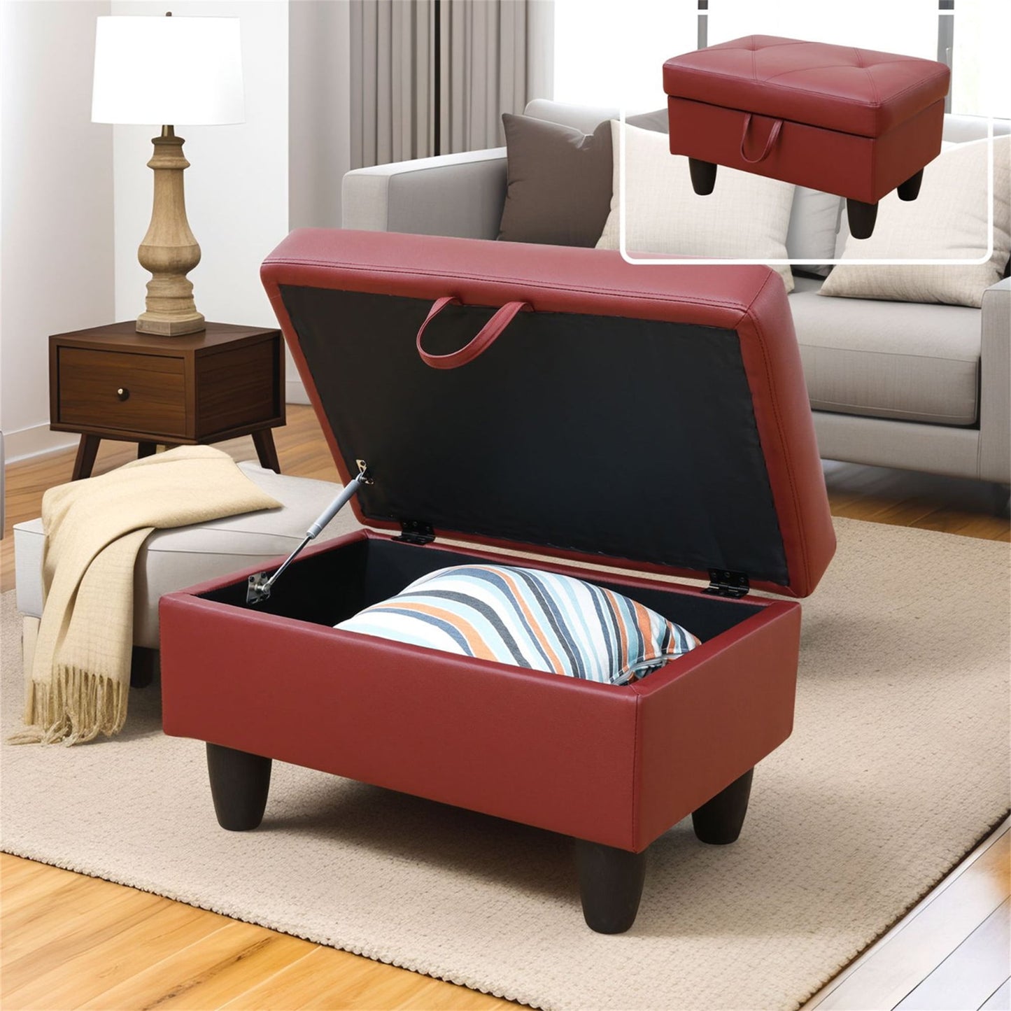 Aukfa 29" Storage Ottoman Bench for Sectional Sofa for Home Office, Lift Top , Leather, Red