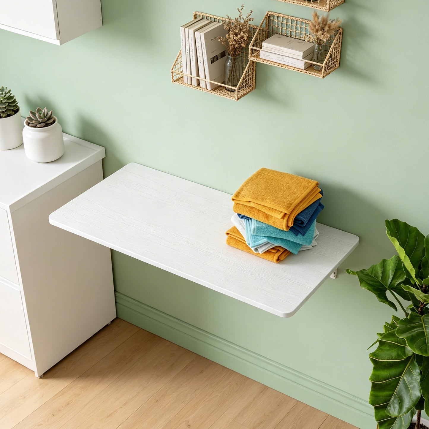 Aukfa 31.4" Wall Mounted Folding Table, Heavy-Duty Fold Down Table, Space-Saving Floating Desk for Laundry Room, Garage, Home Office,White