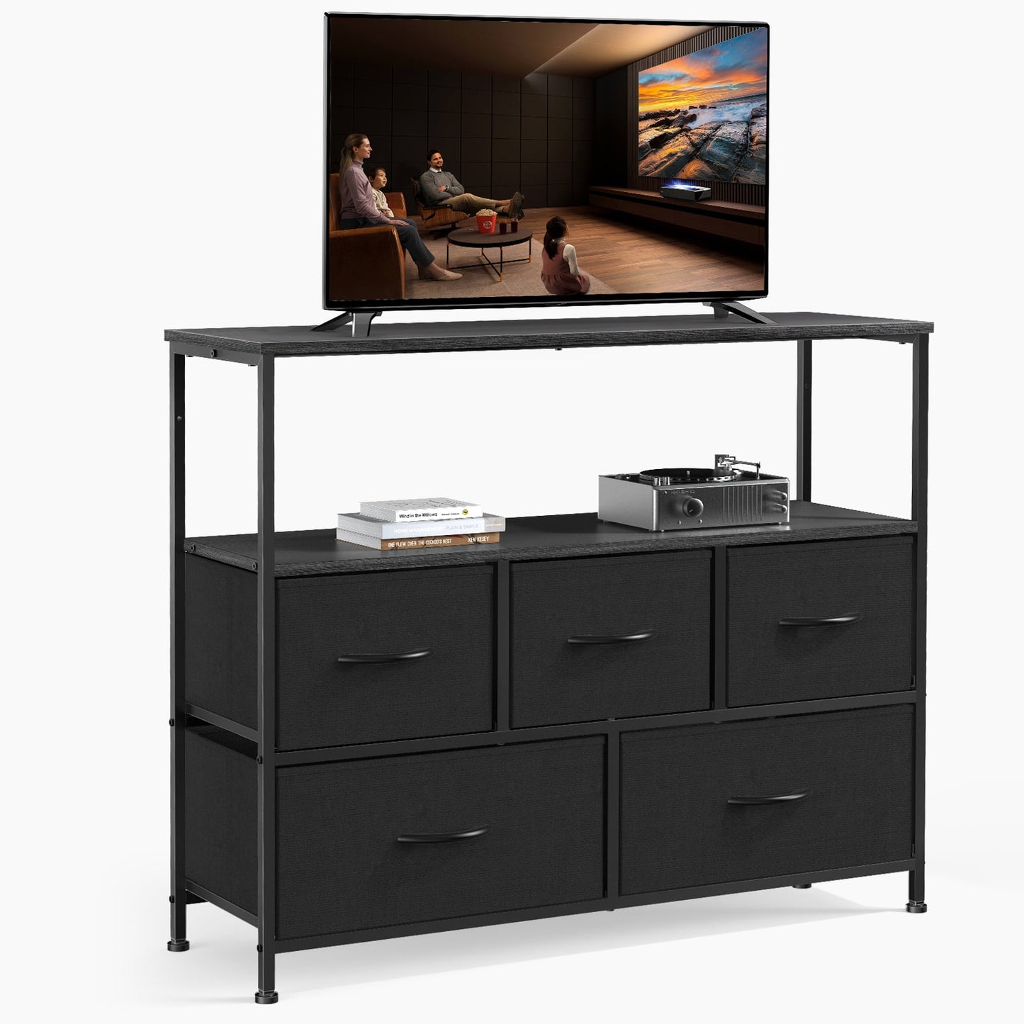 Aukfa 5 Drawer Dresser,Wide Chest of Drawers for Bedroom with Metal Frame for TV,Black
