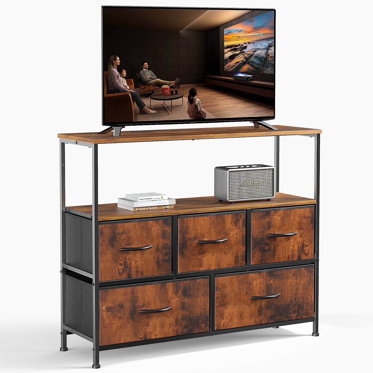Aukfa 5 Drawer Dresser,Wide Chest of Drawers for Bedroom with Metal Frame for TV,Brown