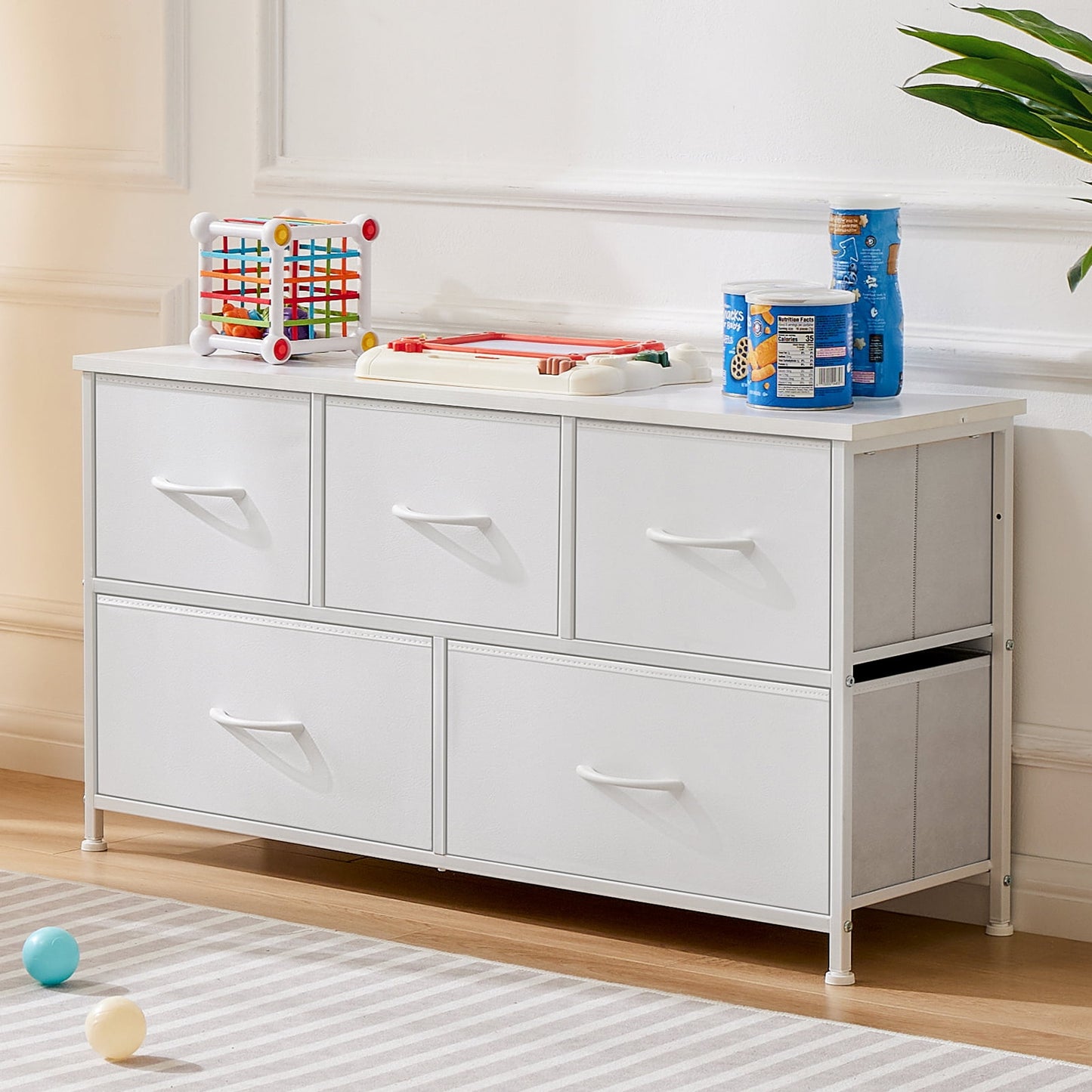 Aukfa 5 Drawer Dresser,Wide Chest of Drawers for Bedroom with Metal Frame for TV,White