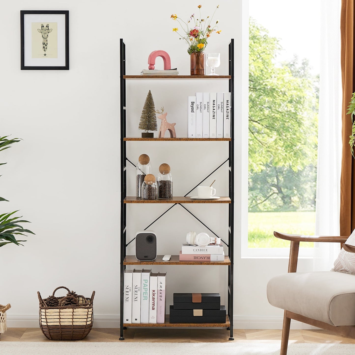 Aukfa 5 Tier Bookcase, Tall Bookshelf Storage Organizer for Home Office, Wood & Metal, Brown