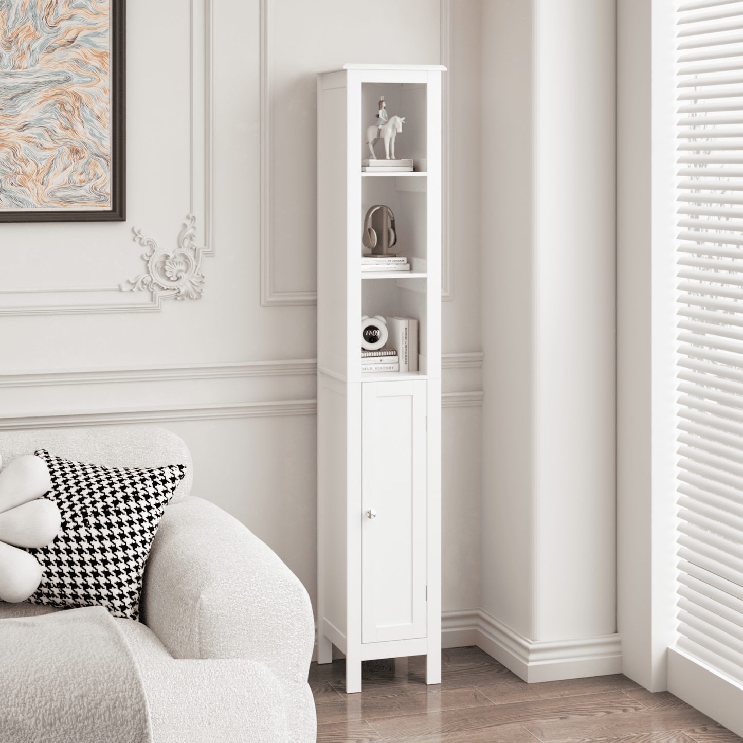 Aukfa 66.92" Wood Storage Cabinet, Slim Freestanding Cabinet with Anti-Tip and Adjustable Shelves for Small Spaces, Bathroom,Kitchen, White