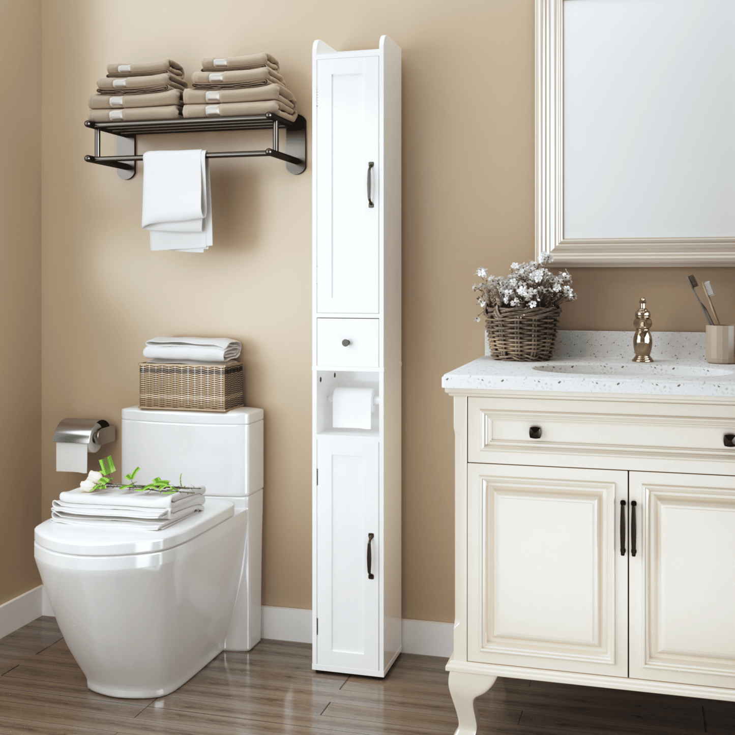 Aukfa 67.5" Wood Storage Cabinet, Slim Freestanding Cabinetfor Small Spaces, Bathroom,Kitchen, White
