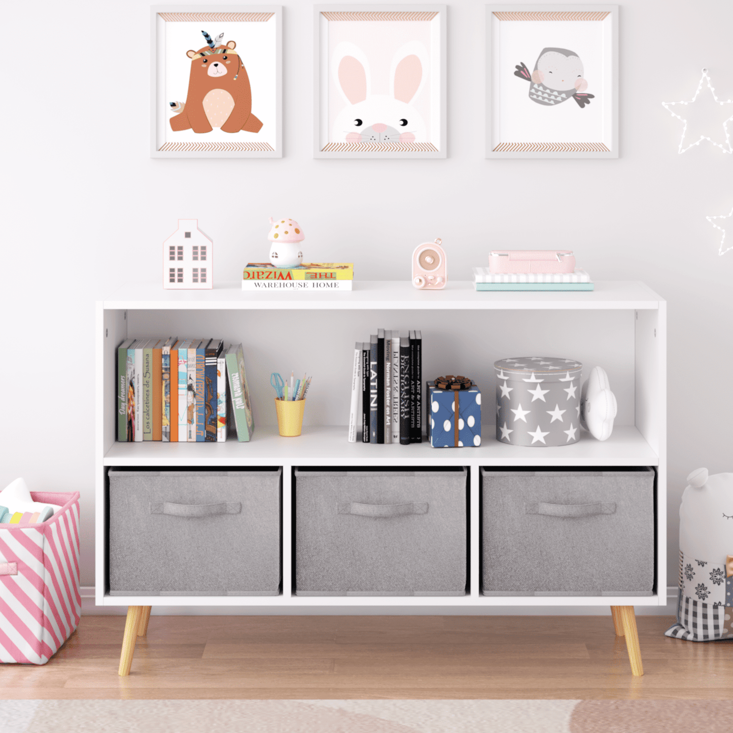 Aukfa Kids Bookcase with 3 Collapsible Drawers, Display Stand Toy Storage Organizer for Bedroom/Playroom,Gray