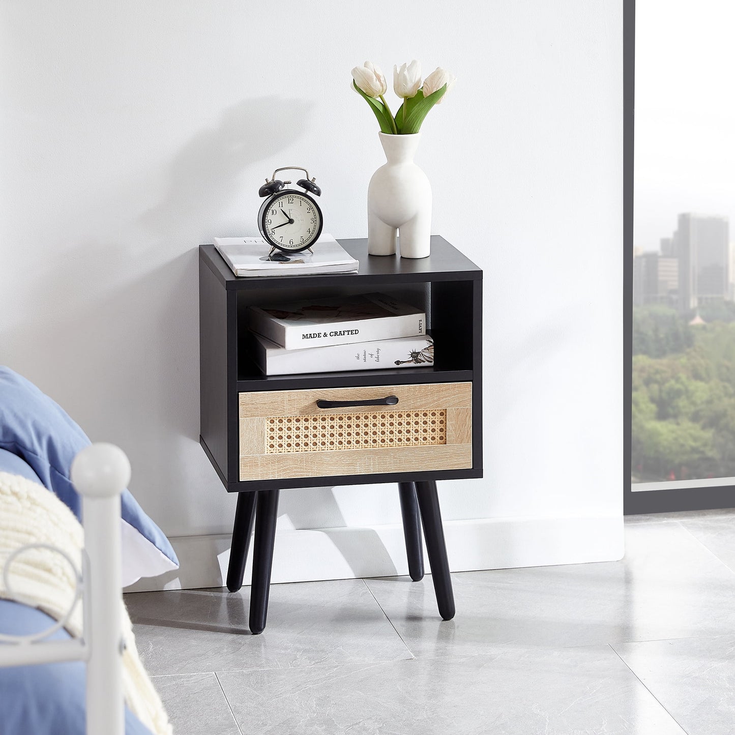 Aukfa Modern Nightstand Rattan End table with Storage Drawer for Living Room Bedroom,Black