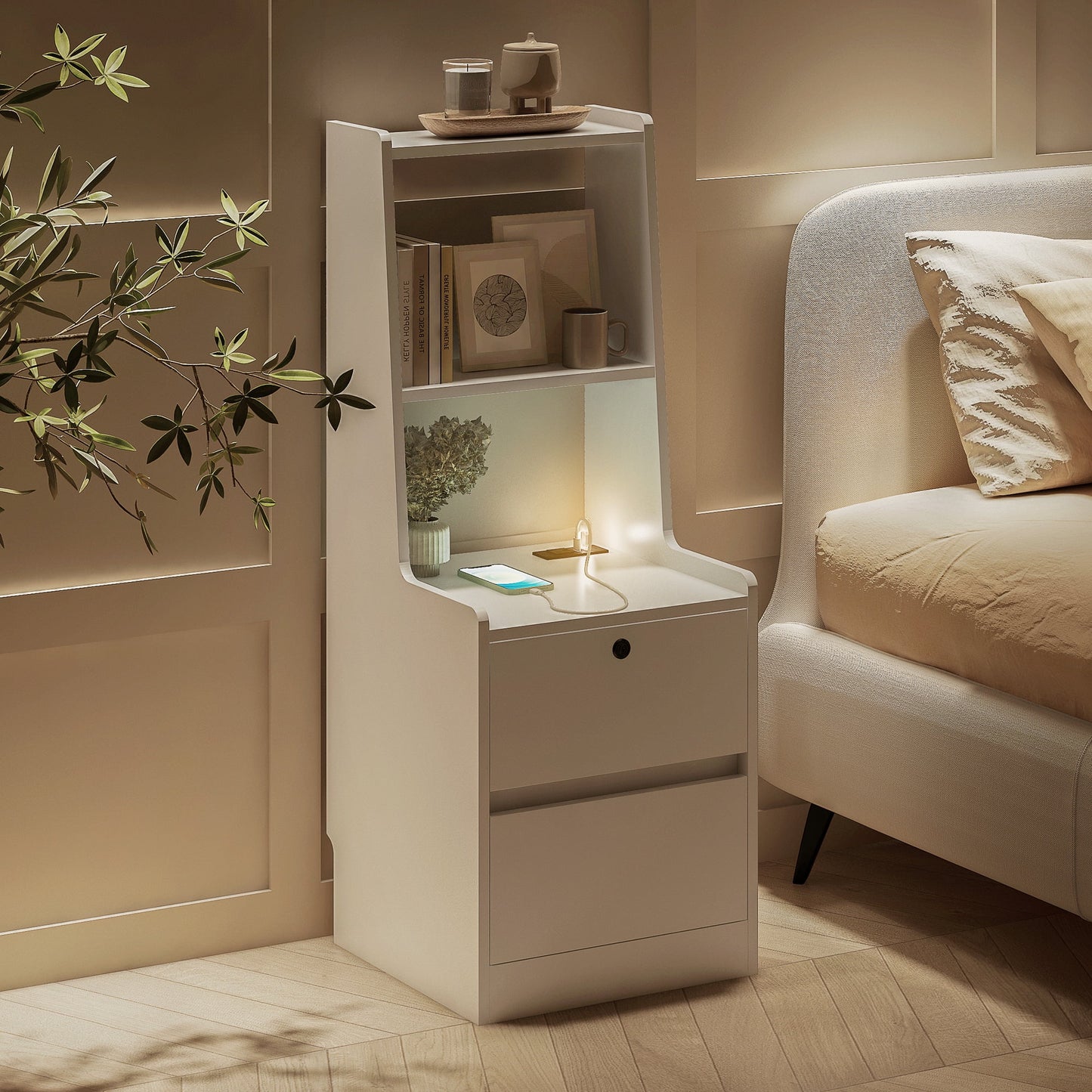 Aukfa Tall Nightstand with Bookshelf, Bed Side Tables, Bedside Table for Bedroom/Office,White