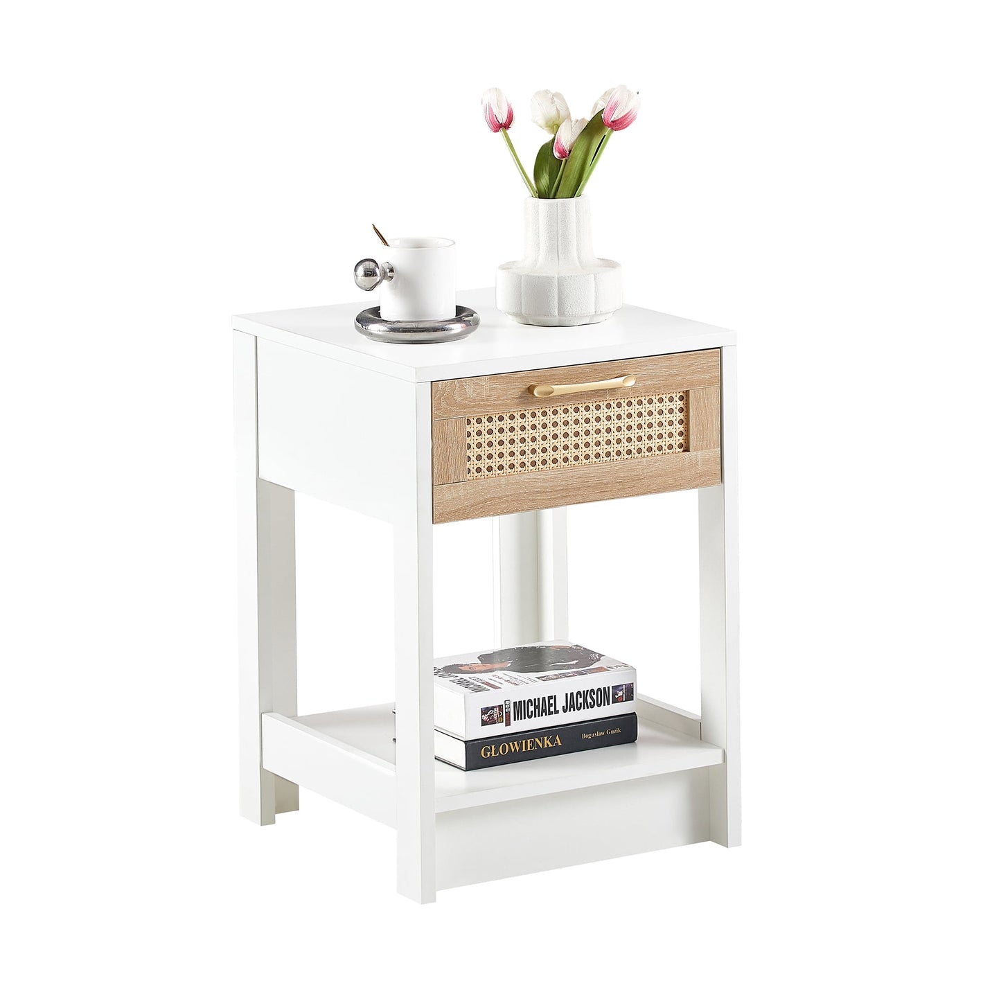 Aukfa Rattan Nightstand with Drawers for Bedroom - White