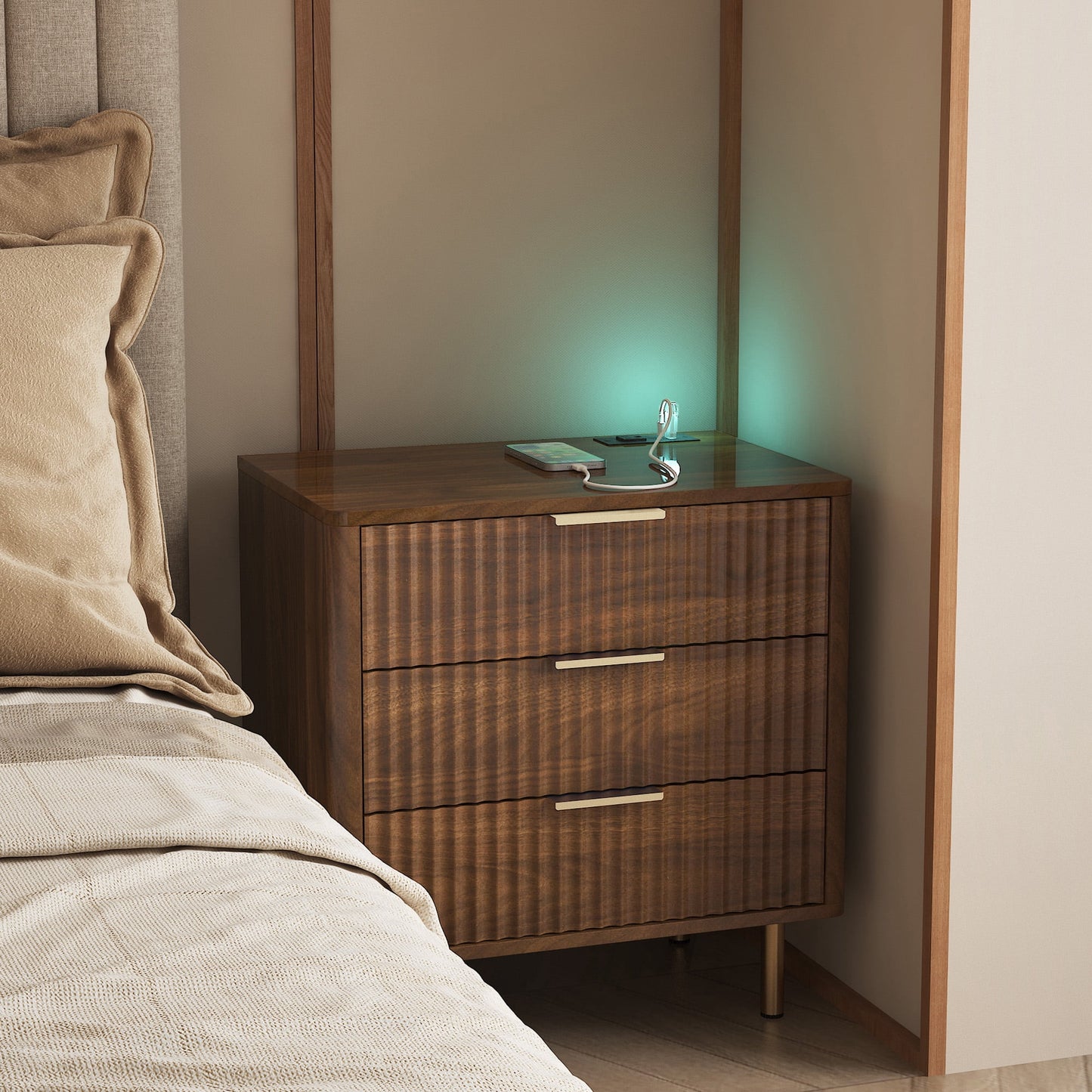 Aukfa Smart 3 Drawer Nightstand with Charging Station, Side Table with Voice-Controlled 7-Color LED Light,Walnut