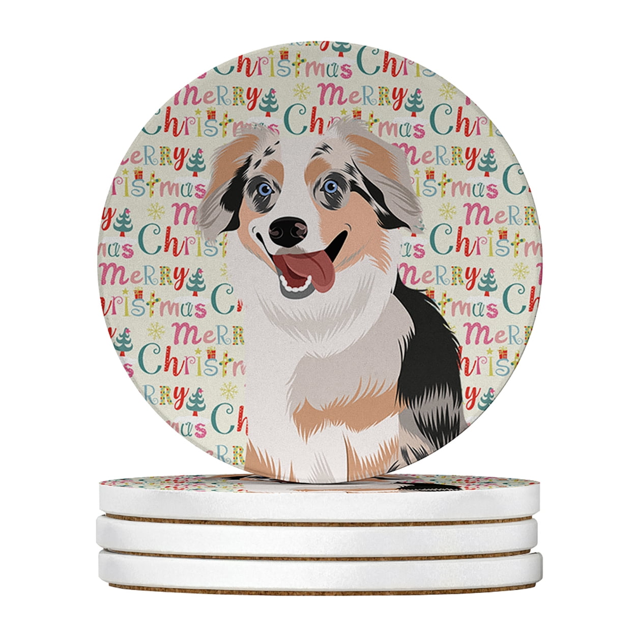 Australian Shepherd Blue Merle Puppy #1 Christmas Large Sandstone Coasters Pack of 4 4 in x 4 in
