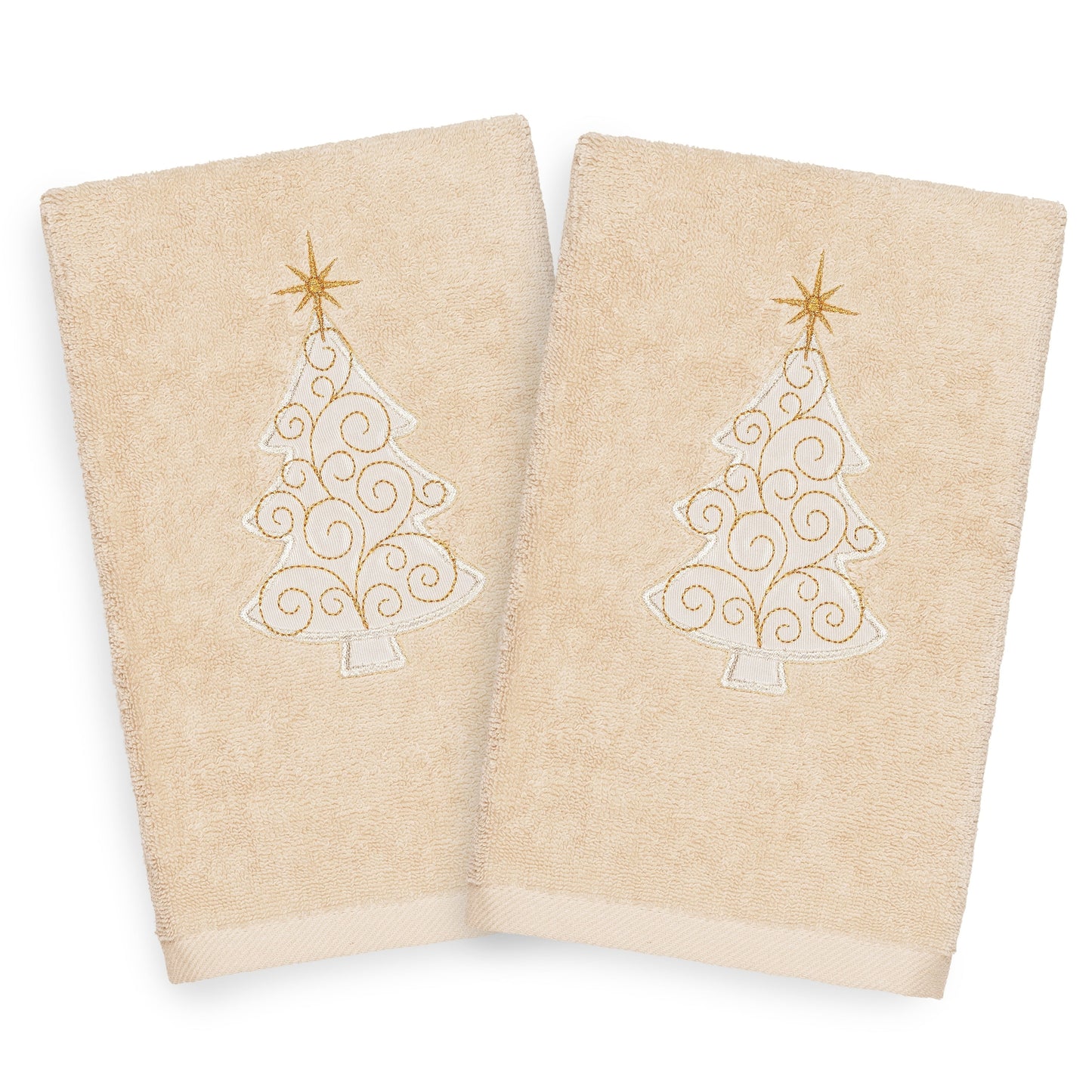 Linum Home Christmas Scroll Tree Party Embroidered Beige Turkish Cotton Hand Towels - Set of 2