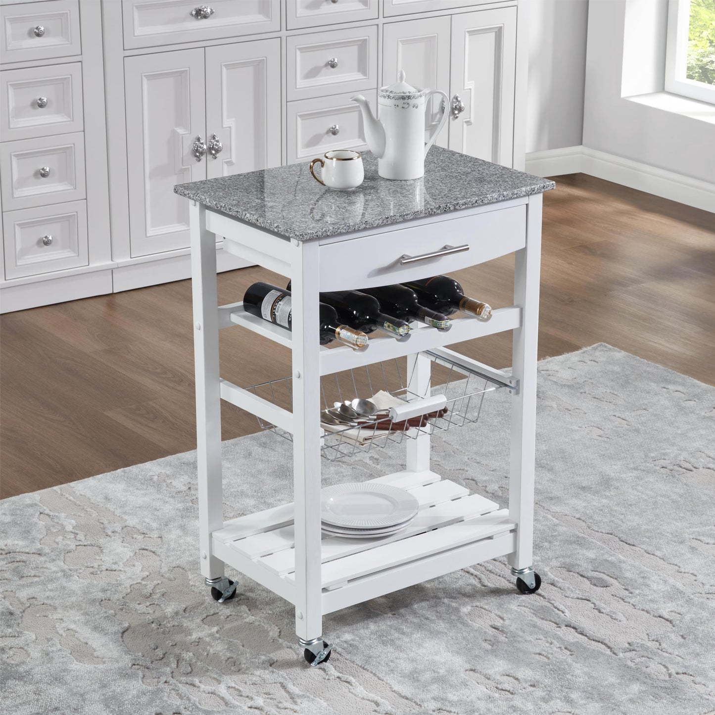 Avobird Kitchen Island Cart, Mobile Kitchen Cart with 22inch Marble Countertop/Underneath Drawer/Slide-Out Wire Storage Basket, White