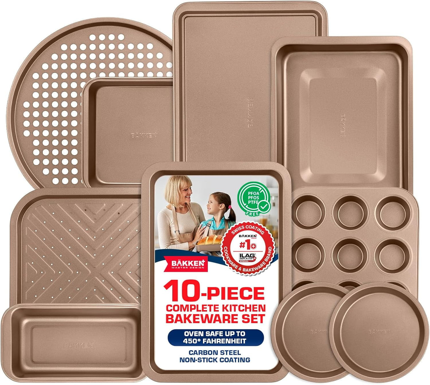 Bakken- Swiss 10-Piece Kitchen Baking Pan Set - Commercial Grade Carbon Steel Bakeware with Nonstick Coating, Stackable and Space-Saving Design, Oven Safe Tray (up to 450°F), Brown