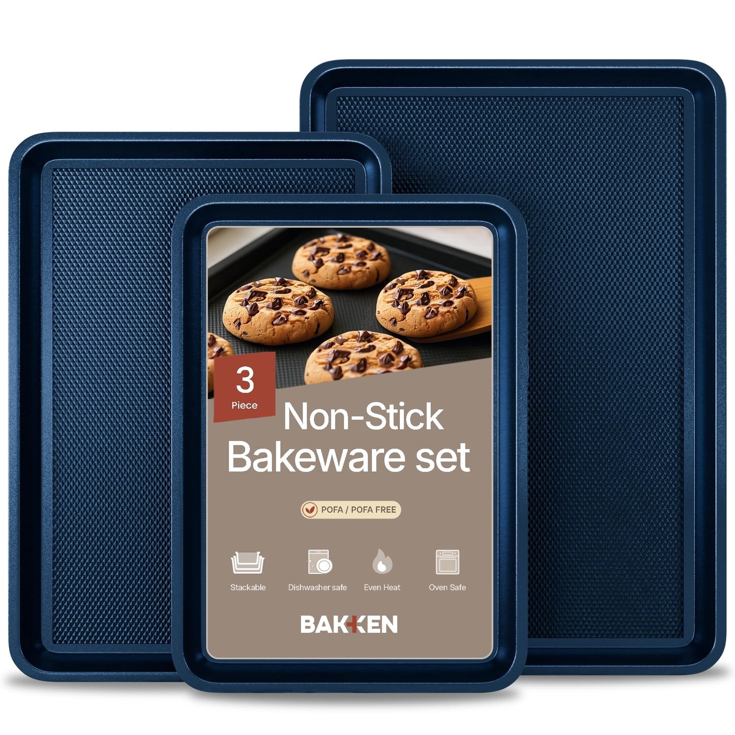 BAKKEN Kitchen Baking Pan - Small, Medium, and Large Cookie Sheet Nonstick, Diamond Texture Bottom, Oven Safe 450°F, Pack of 3, Blue