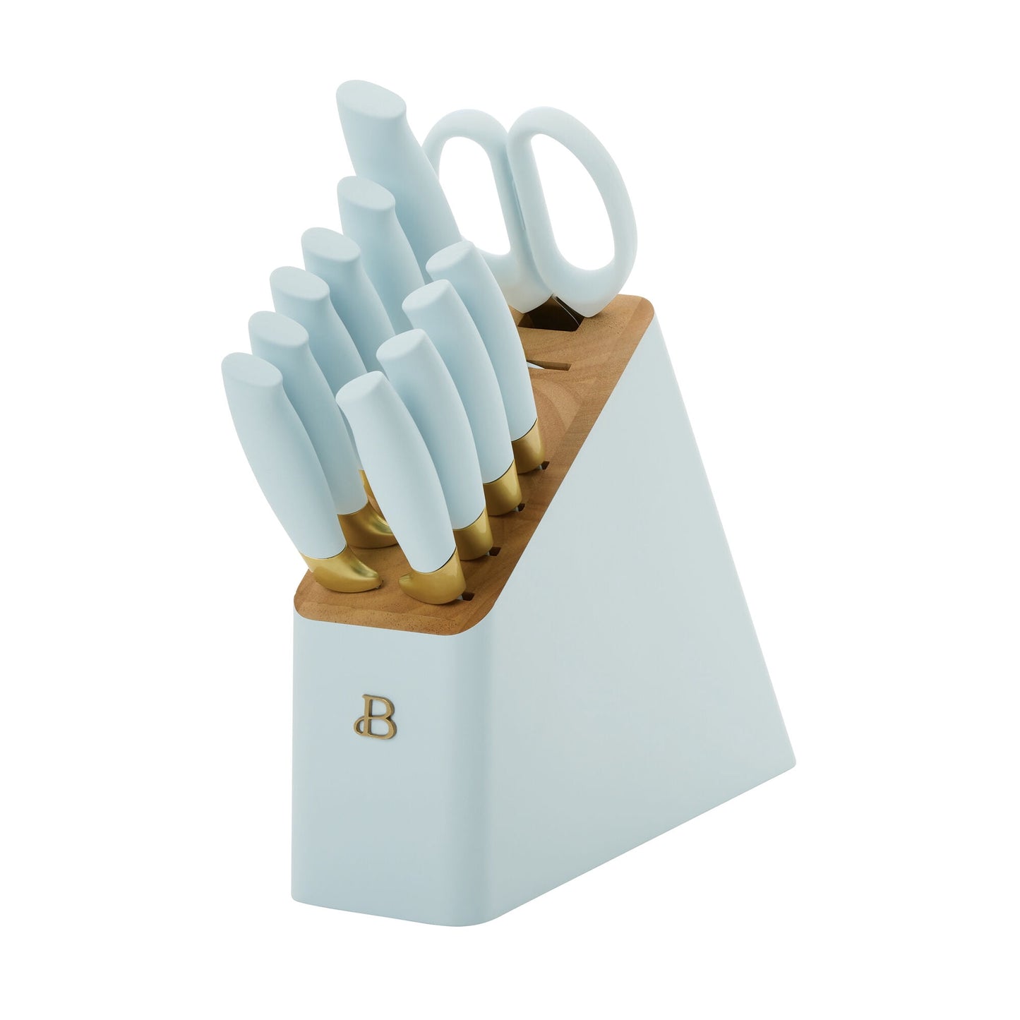 Beautiful 12 Piece Hydrangea Blue and Gold Knife Block Set with Soft-Grip Ergonomic Handles by Drew Barrymore