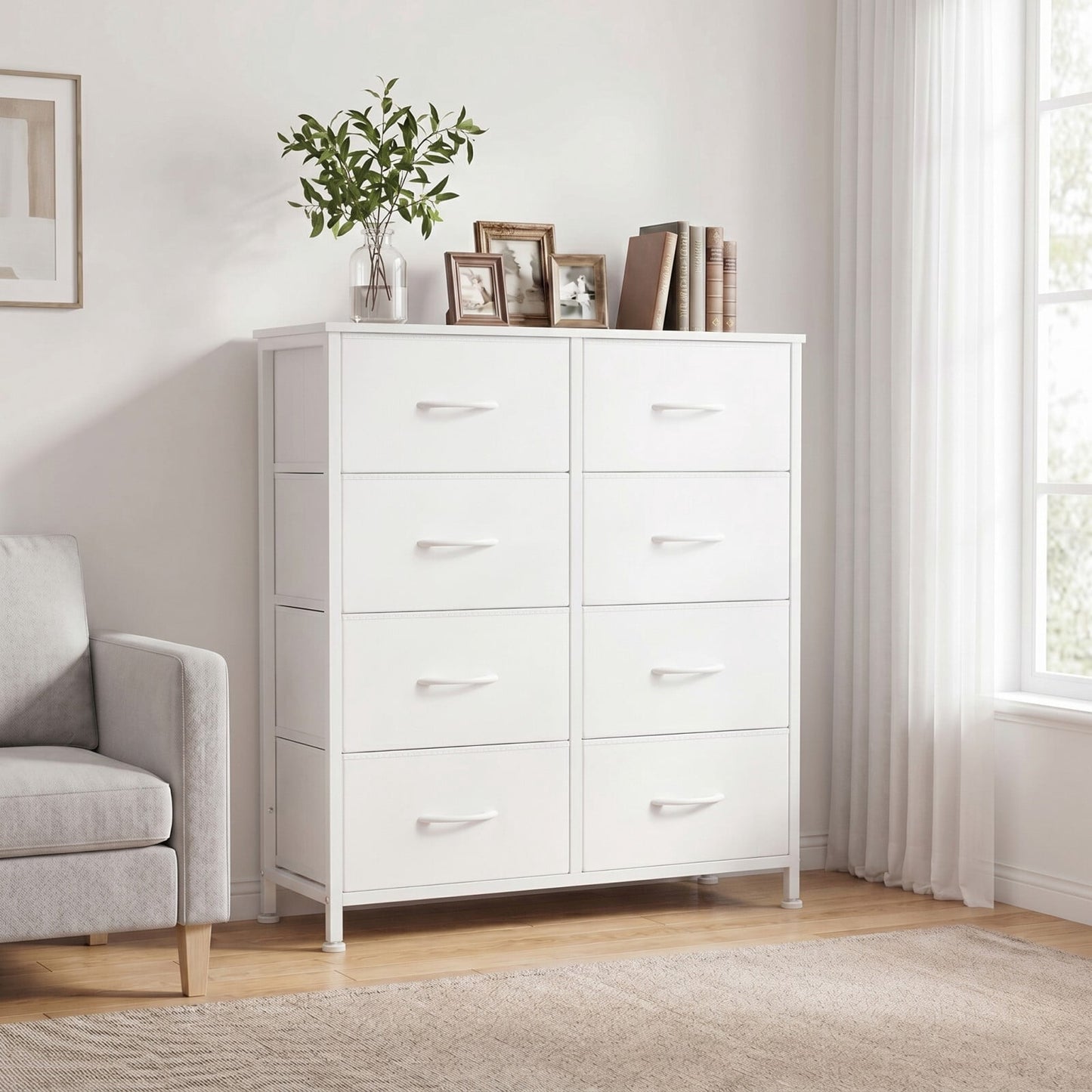 BEAUTYPEAK 8 Drawers Fabric Dresser Bedroom Storage Chest with Wood Top Adjustable Feet, White