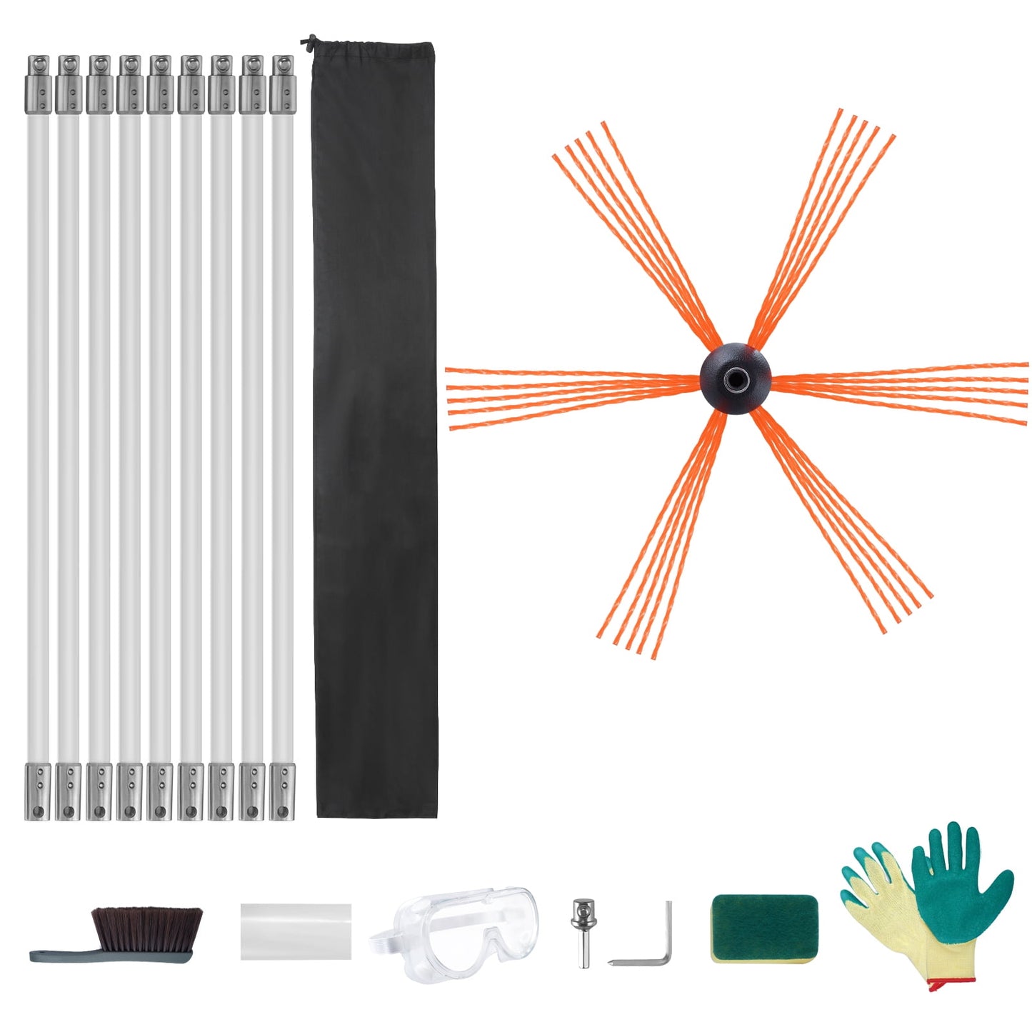 VEVOR 30 FT Chimney Sweep Kit Rotary Brush 9 Nylon Flexible Rods Fit most Pipes
