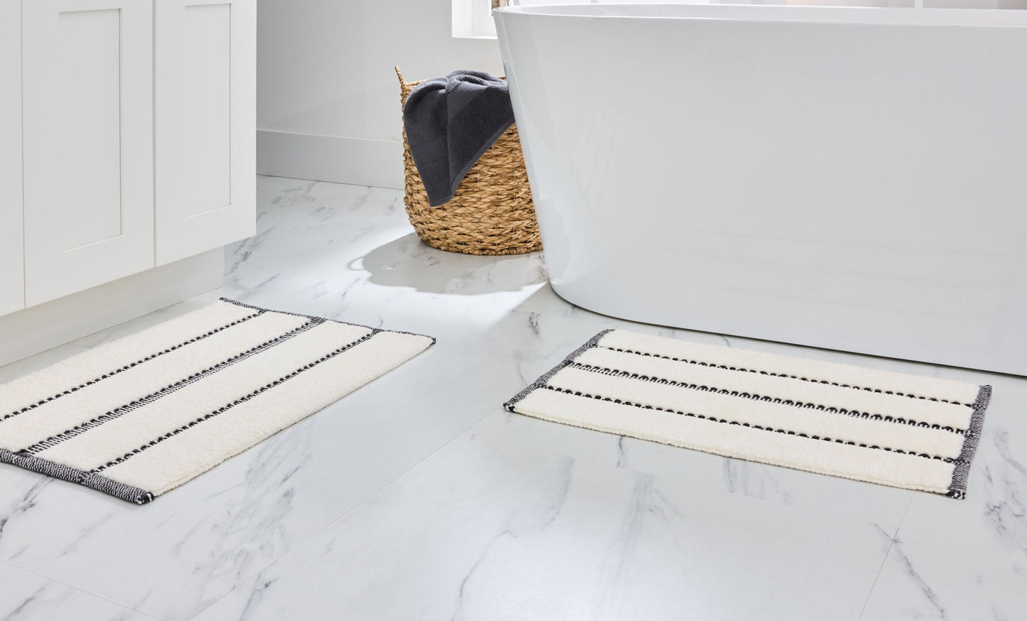 Better Homes & Gardens Atlas Stripe 2 Piece Bath Rug Set, Grey Shadow & Vanilla Dream, 17" x 24" & 20" x 30"