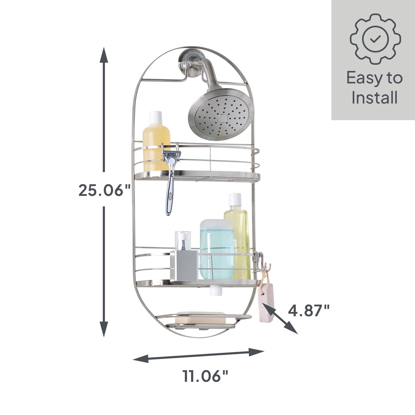 Better Homes & Gardens Satin Nickel 2-Shelf Oval Hanging Shower Caddy with Rust Resistance and Soap Tray