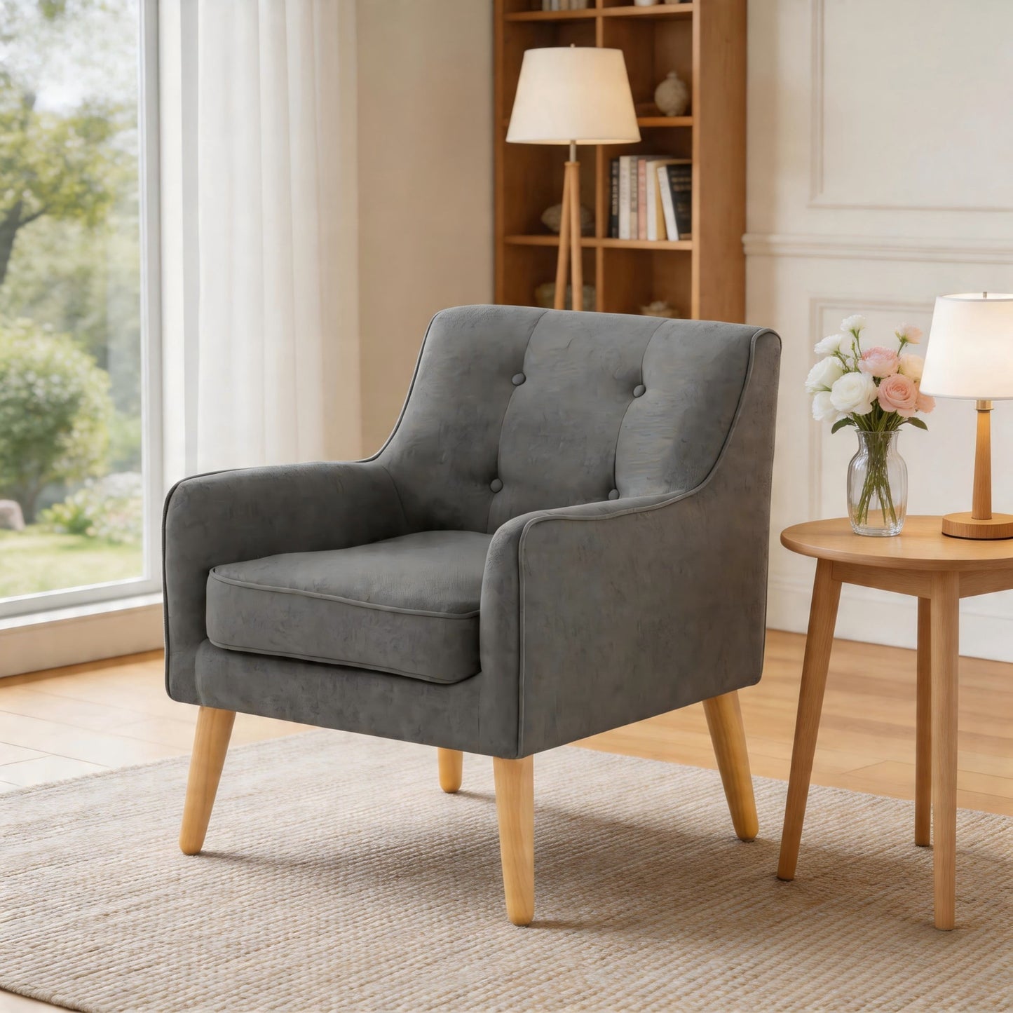 BSHTI 24.41" Accent Chair with Tufted Ergonomic Backrest – Solid Wood Frame, High-Density Foam Seat, Easy Assembly, Space-Saving for Living Room, Apartment, Small Space