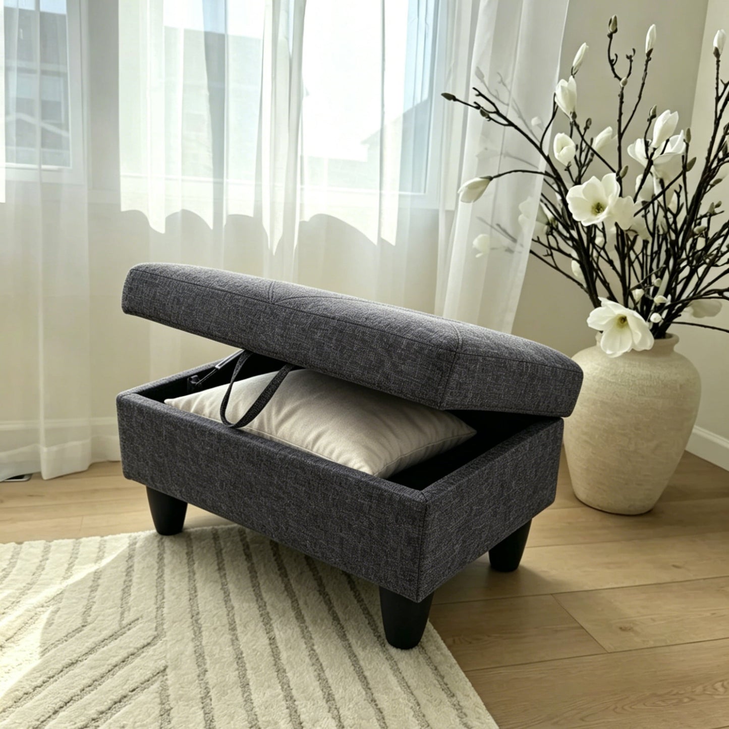 BSHTI 28.5" Multi-Functional Storage Ottoman with Lift-Top Lid, Hidden Compartment Storage, Dark Grey Linen Fabric, Ottoman with Storage for Living Room & Bedroom