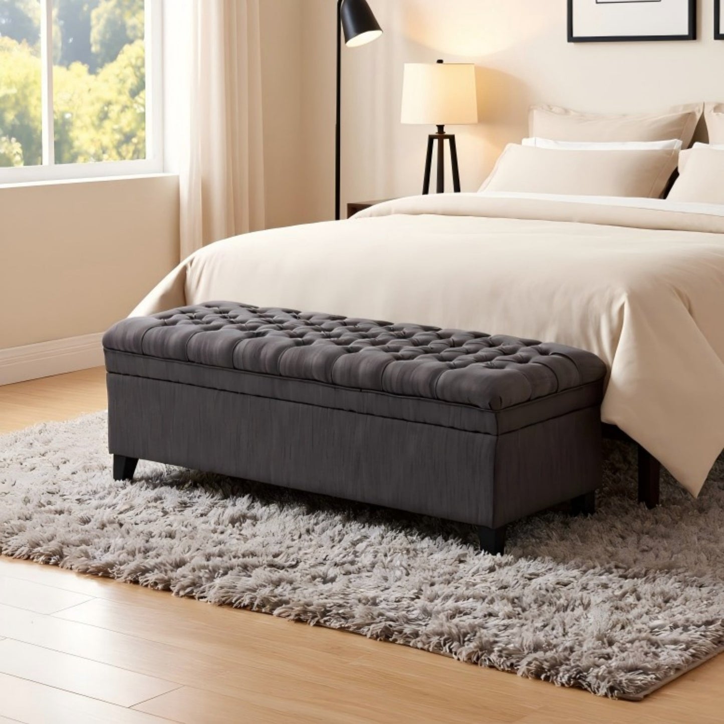 BSHTI 49.41" Flip Top Storage Bench with Tufted Seat – Solid Wood Frame, Hidden Storage Compartment, High-Density Foam, Tapered Legs – For Entryway, Bedroom, Living Room,Dark Grey