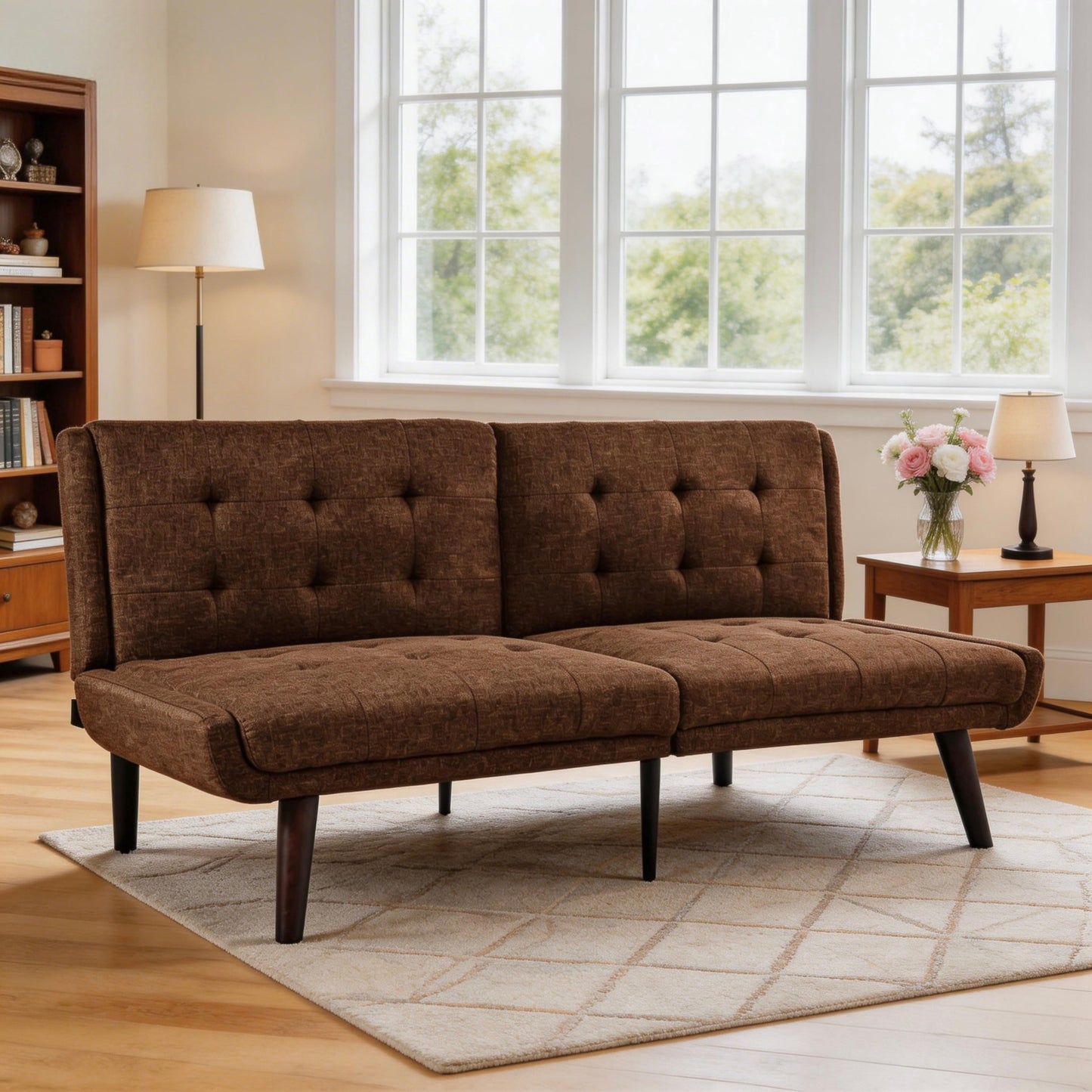 BSHTI 63" 3-in-1 Convertible Sofa Bed – 5-Position Adjustable Backrest (90°-180°), Linen Blend Fabric, Comfort Sofa for Apartment, Guest Room, or Living Space, Brown