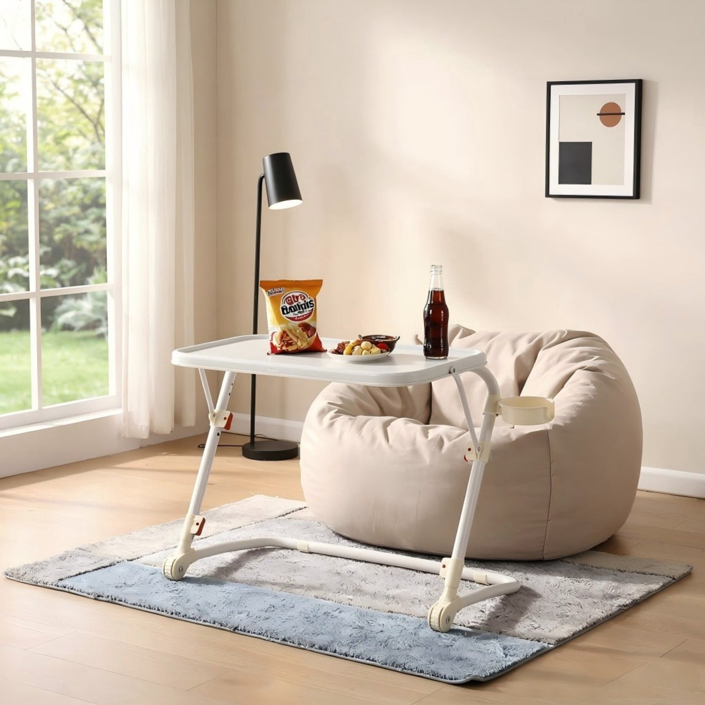 BSHTI Folding Table Tray with 4 Height & 3 Tilt Angle Settings – TV Tray Table with Cup Holder, Portable Laptop Desk for Eating on Couch or Bed, Space-Saving, White